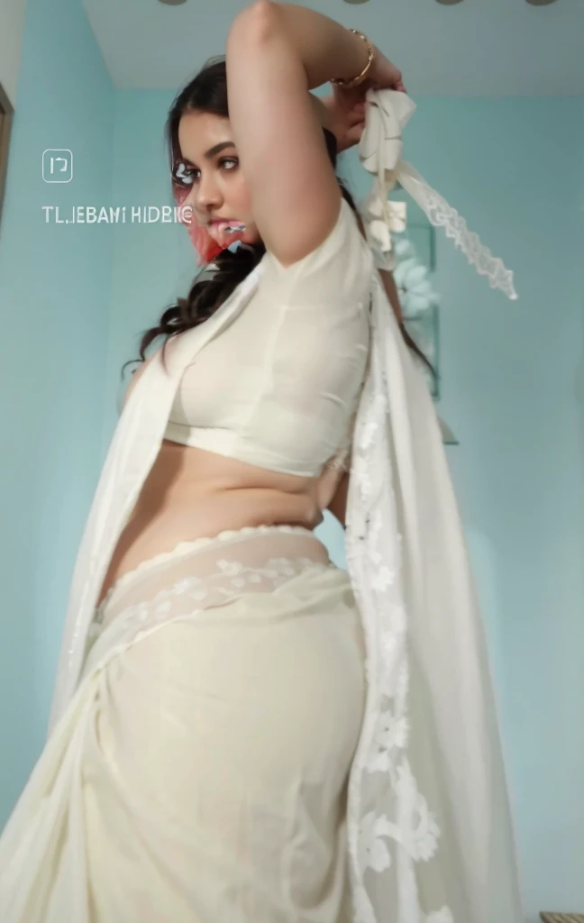 Pale girl in white lace saree sideview,chubby navel,big ass,big breasts,ass crack,chubby love handles