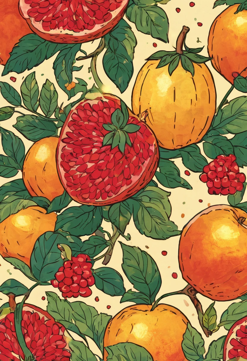 テーブルの上にはたくさんのfruitの絵があります, fruitと花, cute,Full color illustrations, author：John Wernershott, made of fruitと花, 花とfruitでできた, fruit, full of colour w 1024, Full color digital illustration, author：Richard Mayhew, Official Art, In a detailed painting of gouache, cool illustration