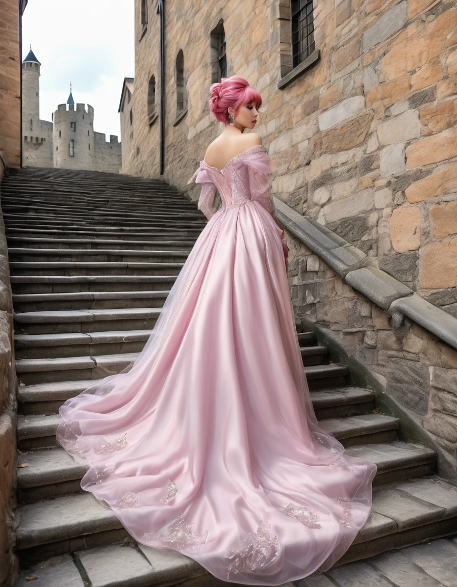 ((masterpiece, Highest quality, Best image quality, High resolution, Realistic, RAW Photos, 8K)), Woman in an evening dress, (Long pink hairhair tied back, Jeweled wig, Long gloves, Glass Slipper, Bare shoulders, Bare back), Looking back from halfway up the wide staircase leading to the castle, Look down,far away shot,widea angle taken
