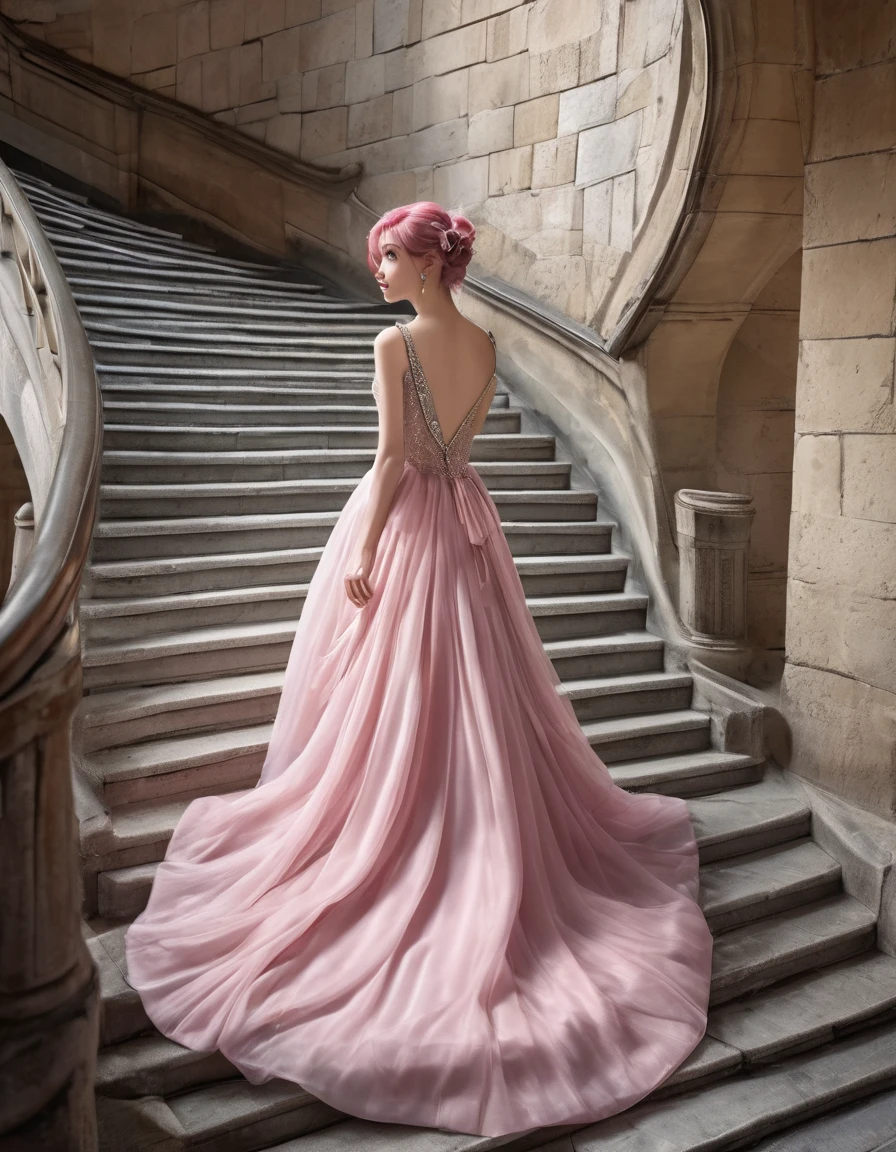 ((masterpiece, Highest quality, Best image quality, High resolution, Realistic, RAW Photos, 8K)), Woman in an evening dress, (Long pink hairhair tied back, Jeweled wig, Long gloves, Glass Slipper, Bare shoulders, Bare back), Looking back from halfway up the wide staircase leading to the castle, Look down,far away shot,widea angle taken
