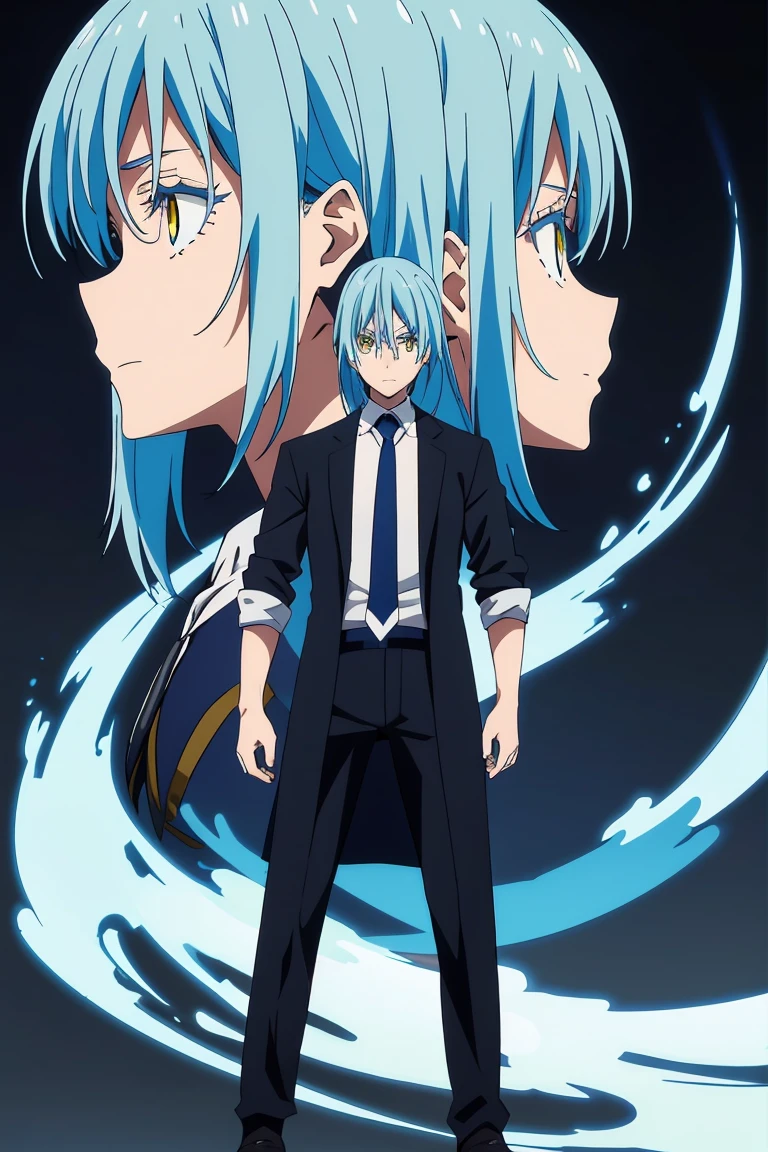 anime boy with interesting hair, wearing smart clothes, standing in front of a dark background, artwork in the style of Guweiz, profile of anime boy, portrait anime boy, beautiful anime portrait, Rimuru Tempest, blue hair, yellow eyes, male characteristics, white dress shirt, dark tie, tailored black suit, detailed, high quality, high resolution, masterpiece, best quality, full body view