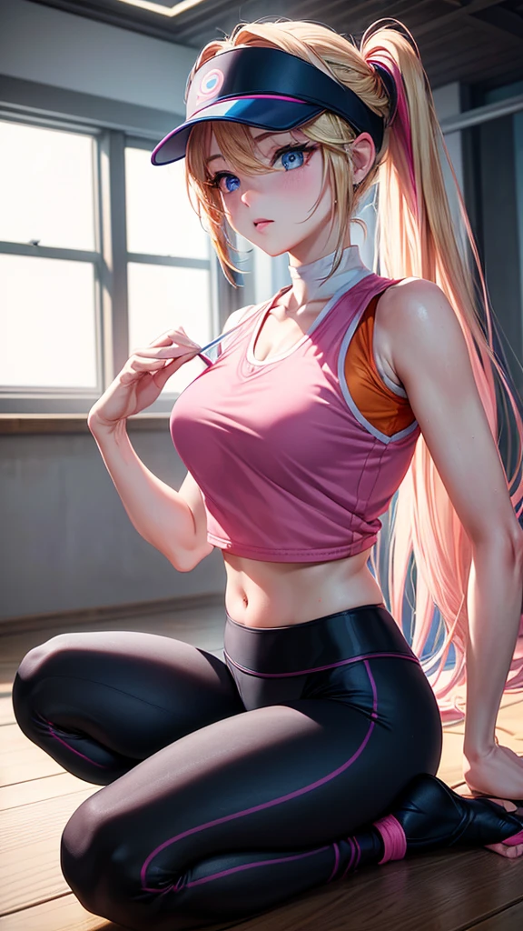 work of art, best qualityer, 8K, Photographic Reality, realisitic, octane rendering, Japanese gymnastics exercise (1womanl: 1.4), (Only one woman shown in the photo: 1.4), (hair long blonde), (Pink sports vest|black yoga pants), (blue colored eyes) Visor lateral