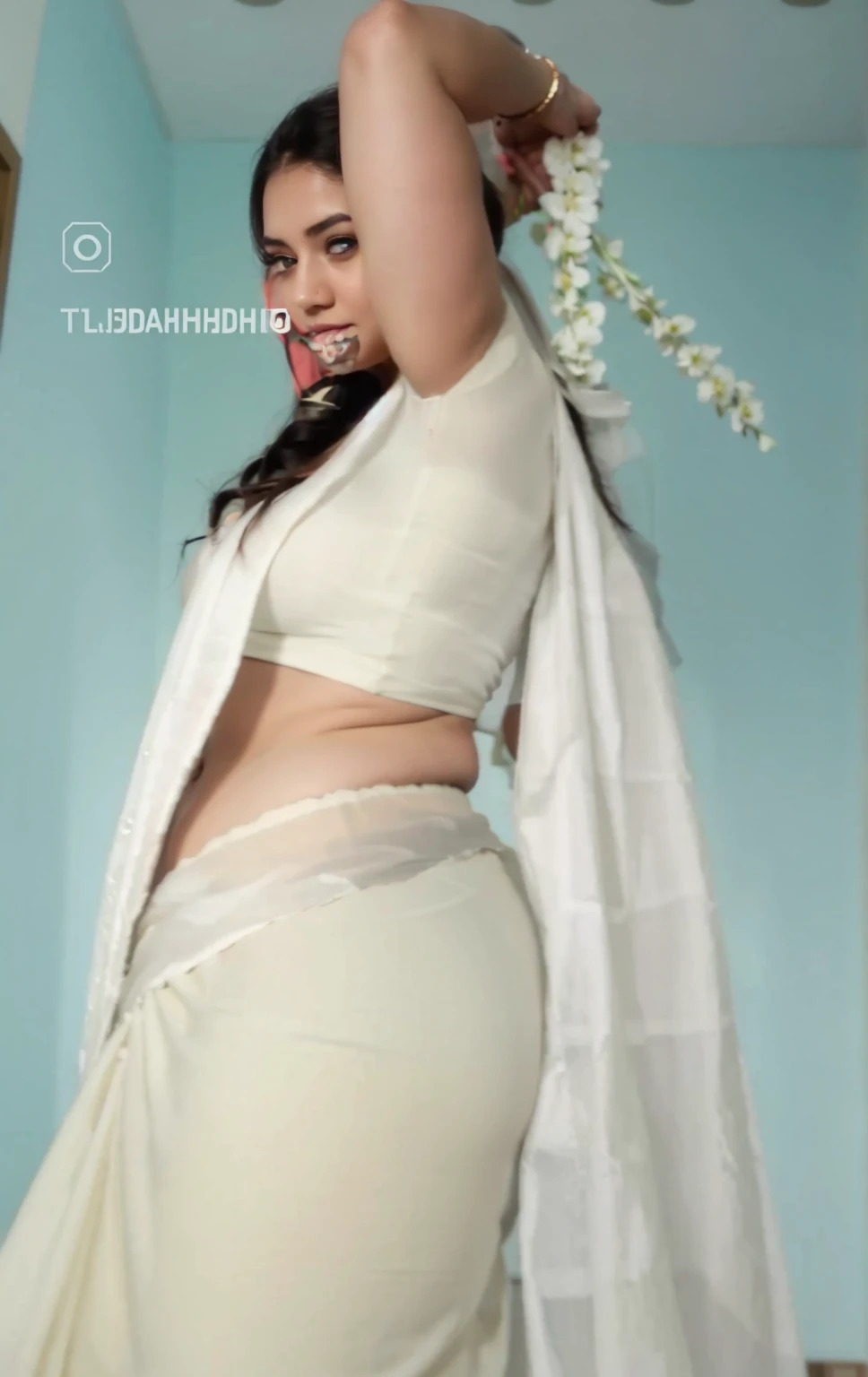 Pale girl in white saree sideview,chubby navel,big ass,big breasts,ass crack,chubby love handles