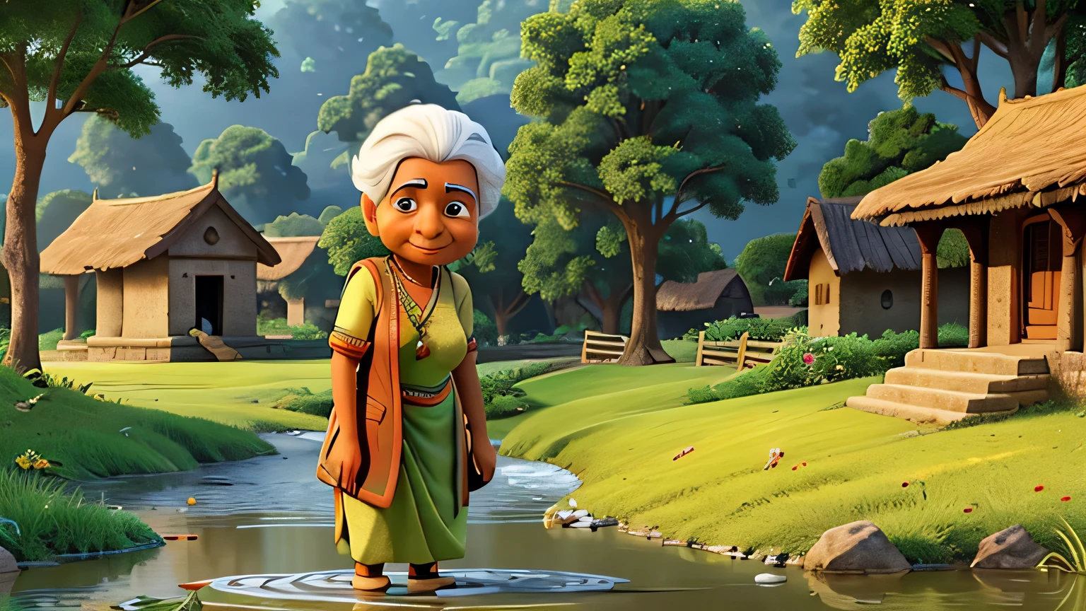 In the serene village of Sundarapuri, known for its lush green fields and gentle rivers, lived an elderly woman named Meera