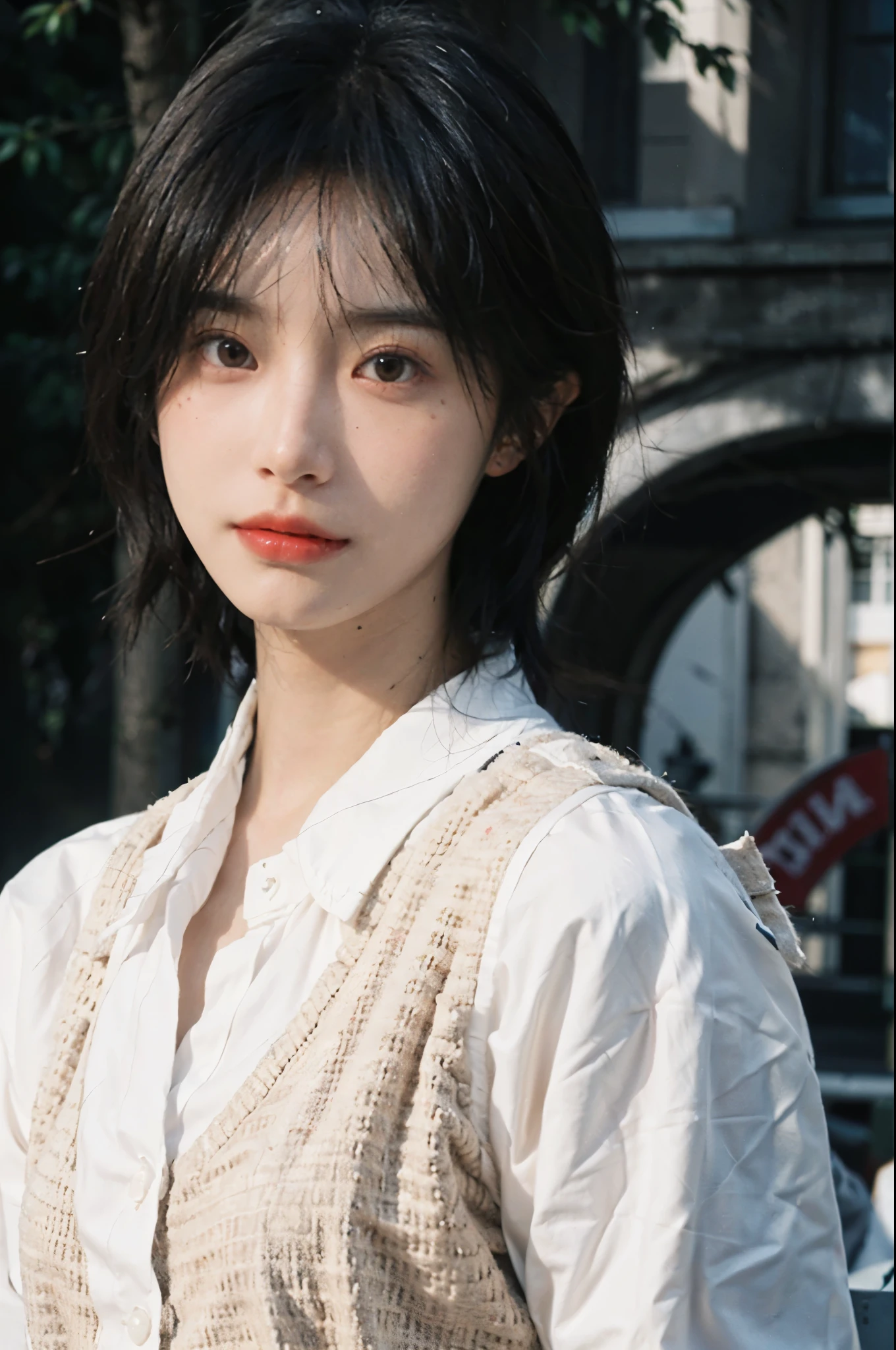 (Skin details:1.4), (smooth skin textures:1.3), Lipstick, background, Direct vision, earrings, serene, calm, (Realistic and detailed eyes:1.2), Natural skin texture, Realistic facial details, Soft dramatic lighting, Vivid details, 35 mm film, outdoor, (Photo Practical:1.4), (hyper Practical:1.4), (Practical:1.3), (Smoother lighting:1.05), (Improve lighting quality:0.9), (Highest quality real skin textures:1.4), Exquisite eyes, Delicate face, Close-up of face, (Enhance the beauty of skin texture:1.1), Hair details, Vest,normal body ratio, short hair, Moles under the eyes, thinking, A faint smile,公园background,Portrait Photography, Depth of Field, Bokeh, Surrealism, Ray Tracing, (Portrait Photography:1.1), Surrealism, High Detail, Chiaroscuro, Ray Tracing, reflected light, Ultra HD, Ultra HD, masterpiece, Textured Skin, Super Detail, High Detail, high quality, best quality