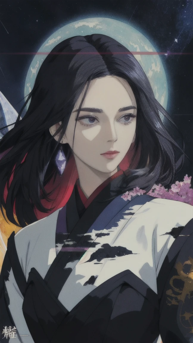 Coverart gorgeous elegant goddess as a mix of raven and psylocke as a ink painting shattering out of a page becoming the stars of the night sky and wlop in the style of a traditional japanese painting, dynamic sharp colors, fine lines, intricate detail, artstation, flat blackground, high detail eyes,face and hand
