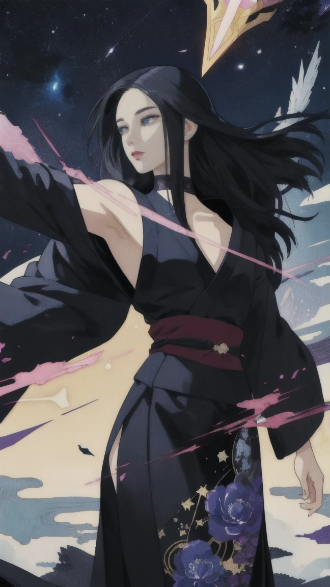 Coverart gorgeous elegant goddess as a mix of raven and psylocke as a ink painting shattering out of a page becoming the stars of the night sky and wlop in the style of a traditional japanese painting, dynamic sharp colors, fine lines, intricate detail, artstation, flat blackground, high detail eyes,face and hand