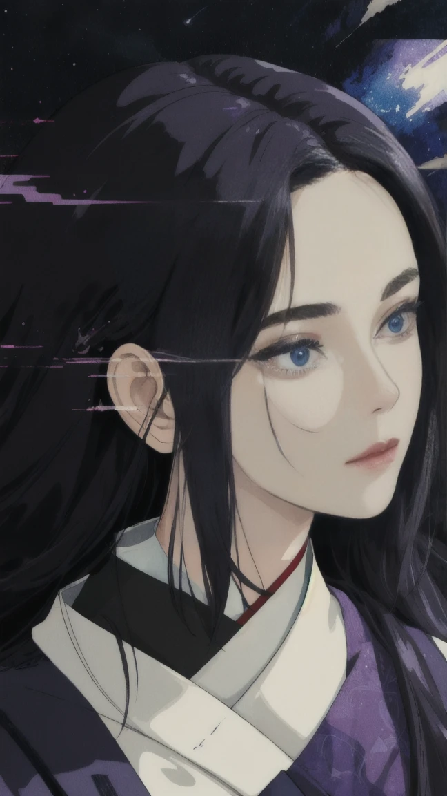 Coverart gorgeous elegant goddess as a mix of raven and psylocke as a ink painting shattering out of a page becoming the stars of the night sky and wlop in the style of a traditional japanese painting, dynamic sharp colors, fine lines, intricate detail, artstation, flat blackground, high detail eyes,face and hand
