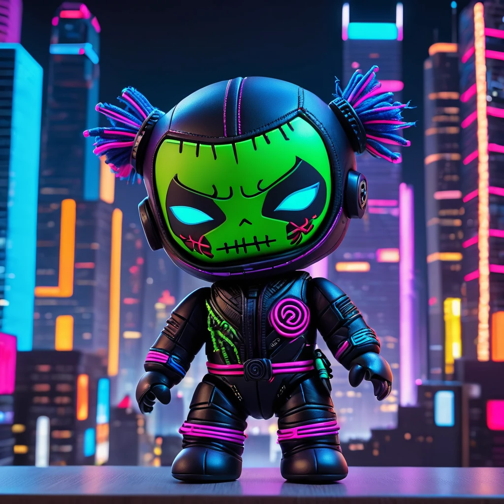 (knitted toy voodoo doll:1.6), (Voodoo Cyber ​​Ninja:1.3), (Clothing tight cybernetic ninja suit with neon accents:1.0), (in the background a futuristic cityscape with high-rise buildings and neon lights:1.3), best quality, masterpiece, detailed soft oil painting, detailed background, dramatic cinematic lighting, soft edge lighting, professional, dramatic lighting, hard edge lighting, ultra quality, 4k, masterpiece, best quality, 8k, ultra high definition, high resolution, extremely detailed