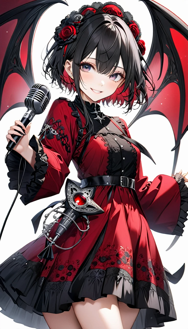 (((White background:1.2)))、(masterpiece、Ultra HD、Masterpiece、4K)、Perfect Style、Scandinavian Gothic Metal Girl, Intricate details, Highly detailed eyes, Black shorthair、Red Gothic Dress, Flash photography, Intricate details、smile、Wear long black bootini skirt、Uplifting、masterpiece,high quality,One person girl,Woman in her 30s、Hold the microphone with both hands and sing,