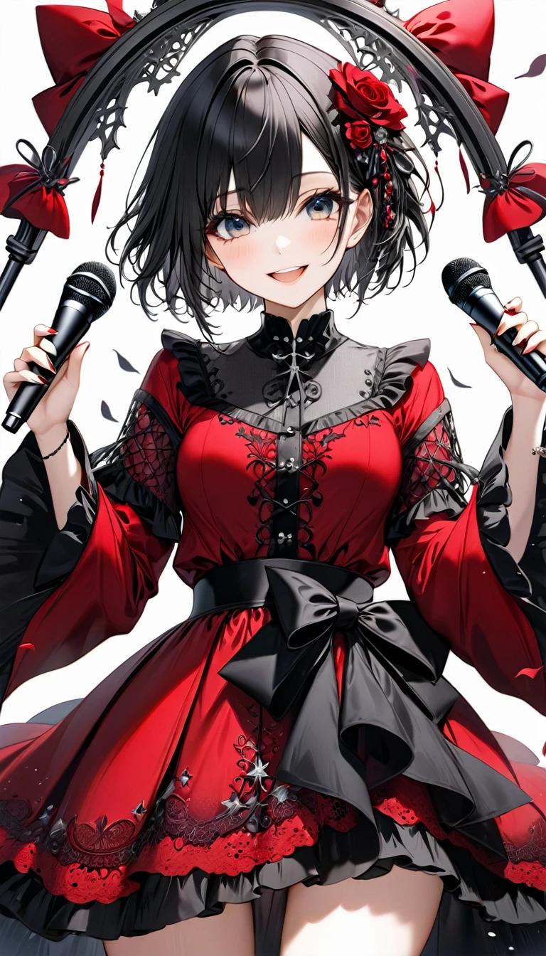 (((White background:1.2)))、(masterpiece、Ultra HD、Masterpiece、4K)、Perfect Style、Scandinavian Gothic Metal Girl, Intricate details, Highly detailed eyes, Black shorthair、Red Gothic Dress, Flash photography, Intricate details、smile、Wear long black bootini skirt、Uplifting、masterpiece,high quality,One person girl,Woman in her 30s、Hold the microphone with both hands and sing,
