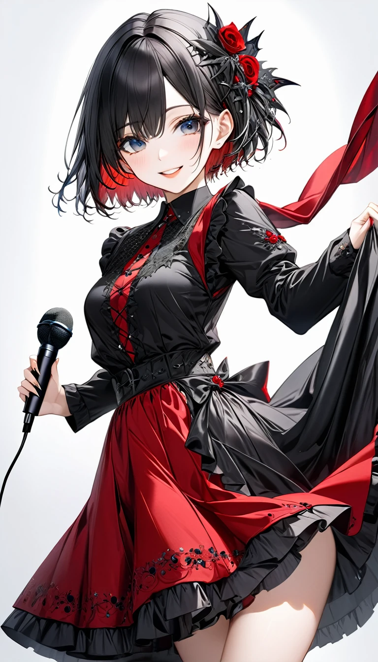 (((White background:1.2)))、(masterpiece、Ultra HD、Masterpiece、４K)、Perfect Style、Scandinavian Gothic Metal Girl, Intricate details, Highly detailed eyes, Black shorthair、Red Gothic Dress, Flash photography, Intricate details、smile、Wear long black boots、mini skirt、Uplifting、looks fun、masterpiece,high quality,One person girl,Woman in her 30s、Hold the microphone and sing,