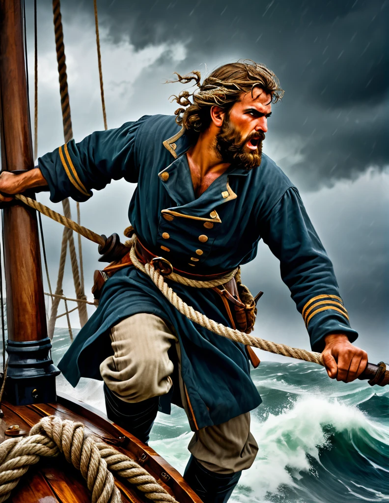 A medieval sailor, dressed in worn and weathered clothing, clings to the mast of his small wooden ship as a fierce storm rages across the Bering Sea. The wind howls and the waves crash against the vessel, threatening to capsize it at any moment. The sailor's face is set in a determined expression, his eyes fixed on the horizon as he struggles to set the sail, his hands grasping the rope with all his might. The stormy sky above is dark and foreboding, with lightning illuminating the clouds. The ship's hull is battered and worn, with ropes and sails torn and frayed. The sailor's determination and bravery in the face of the raging storm are palpable in this dramatic Don Lawrence illustration
