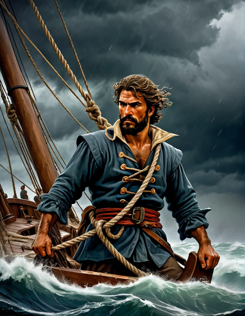 A medieval sailor, dressed in worn and weathered clothing, clings to the mast of his small wooden ship as a fierce storm rages across the Bering Sea. The wind howls and the waves crash against the vessel, threatening to capsize it at any moment. The sailor's face is set in a determined expression, his eyes fixed on the horizon as he struggles to set the sail, his hands grasping the rope with all his might. The stormy sky above is dark and foreboding, with lightning illuminating the clouds. The ship's hull is battered and worn, with ropes and sails torn and frayed. The sailor's determination and bravery in the face of the raging storm are palpable in this dramatic Don Lawrence illustration