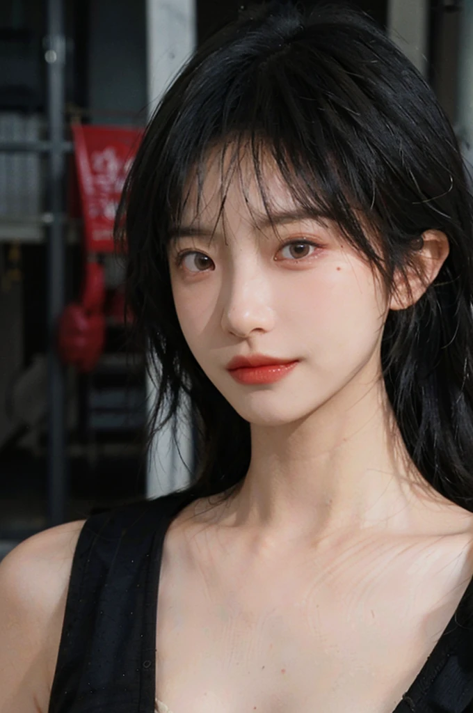 (Skin details:1.4), (smooth skin textures:1.3), Lipstick, background, Direct vision, earrings, serene, calm, (Realistic and detailed eyes:1.2), Natural skin texture, Realistic facial details, Soft dramatic lighting, Vivid details, 35 mm film, outdoor, (Photo Practical:1.4), (hyper Practical:1.4), (Practical:1.3), (Smoother lighting:1.05), (Improve lighting quality:0.9), (Highest quality real skin textures:1.4), Exquisite eyes, Delicate face, Close-up of face, (Enhance the beauty of skin texture:1.1), Hair details, Vest,normal body ratio, short hair, Moles under the eyes, thinking, A faint smile,公园background,Portrait Photography, Depth of Field, Bokeh, Surrealism, Ray Tracing, (Portrait Photography:1.1), Surrealism, High Detail, Chiaroscuro, Ray Tracing, reflected light, Ultra HD, Ultra HD, masterpiece, Textured Skin, Super Detail, High Detail, high quality, best quality