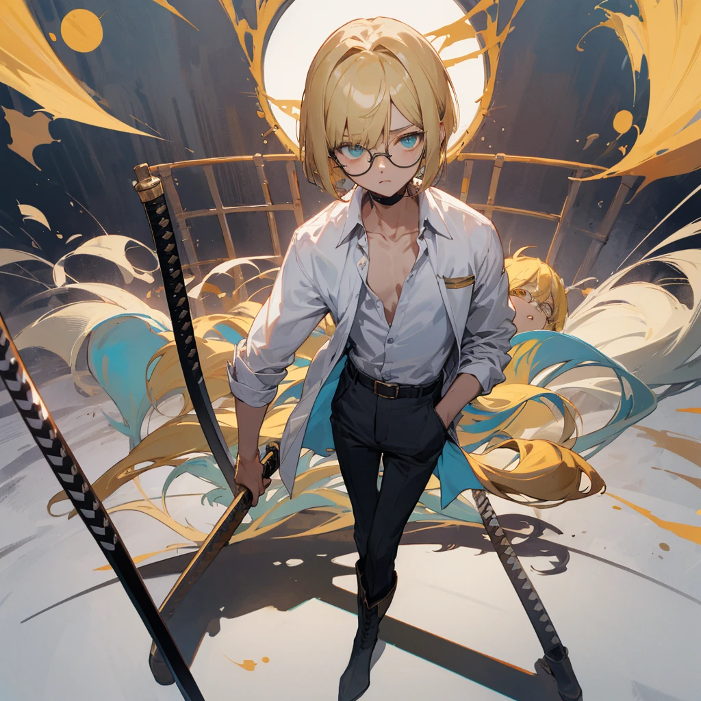 boy, blond, bob hairstyle, tired turquoise eyes, white shirt unbuttoned at the top, black trousers, yellow round glasses, belted katana, boots on my feet, stands exactly