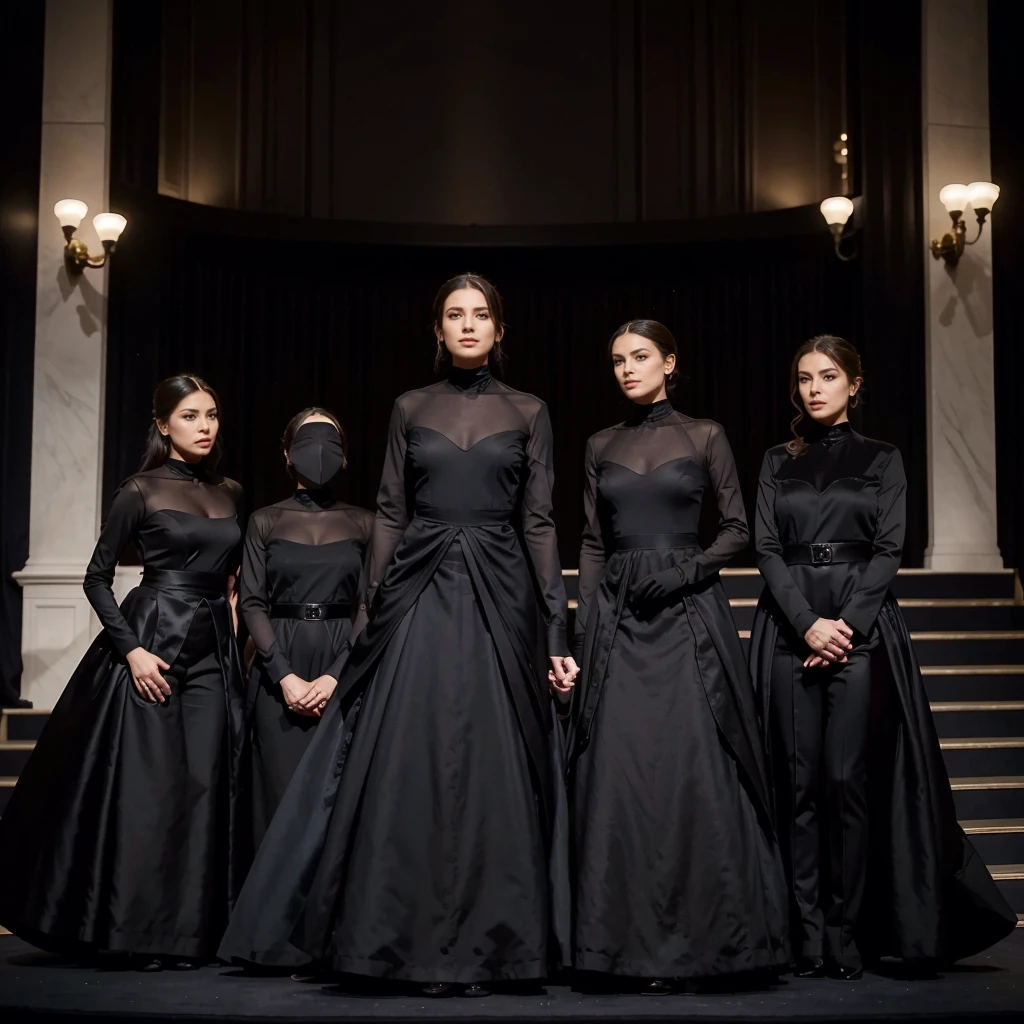 Capture the elegance and sophistication of eight individuals, comprising four men and four women, dressed in black attire. The four men don black tuxedos, while the four women adorn themselves in long black gowns. They stand side by side on the grand opera stage, exuding an air of utmost refinement and poise. Ensure the image is a realistic, ultra HD portrayal of this scene.