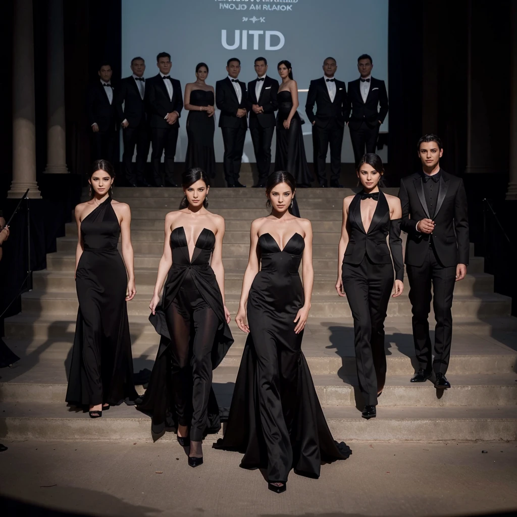 Capture the elegance and sophistication of eight individuals, comprising four men and four women, dressed in black attire. The four men don black tuxedos, while the four women adorn themselves in long black gowns. They stand side by side on the grand opera stage, exuding an air of utmost refinement and poise. Ensure the image is a realistic, ultra HD portrayal of this scene.