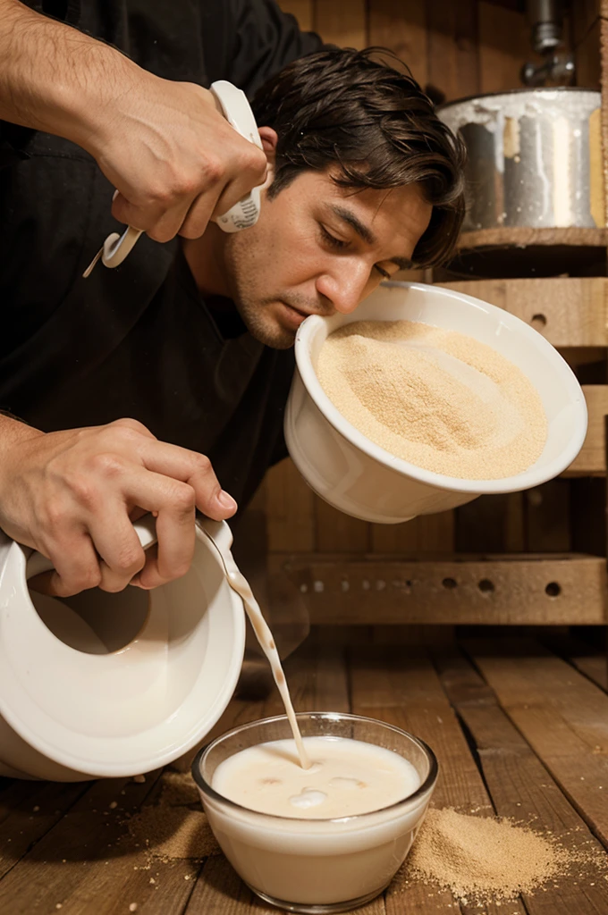 A man pouring sawdust into a cup of milk