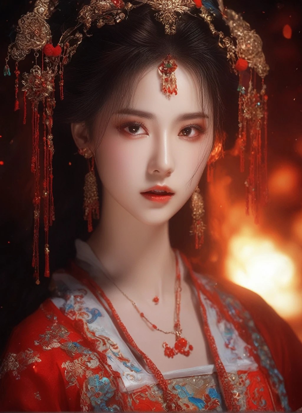 (masterpiece, best quality, ultra-detailed, best shadow), (detailed background, dark fantasy), (beautifully detailed face), high contrast, (best illumination, an extremely delicate and beautiful), ((cinematic light)), colorful, hyper detail, dramatic light, exquisite background, intricate details, (1girl, solo, colorful hair, sharp face, red eyes, hair between eyes, dynamic angle, red clothes), looking at the viewer, blood splatter,(broken glass), magic circle, in the room, full body, detail eyes, beautiful eyes, 8K, 4K, best quality, masterpiece, beautiful eyes,Realism