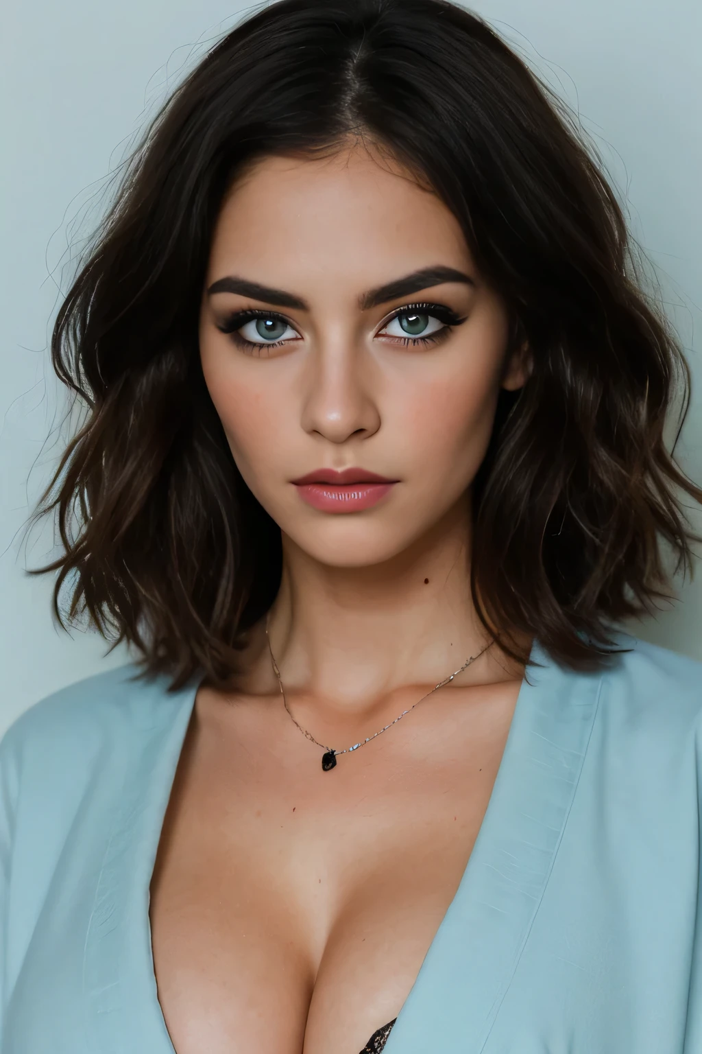 italian girl, 28 years old, ((light brown hair)), short wavy hair, ((big light blue eyes)), ((unfastened kimono)), (busty), ((supermodel face)), very realistic, (focus on face and neckline), (sad face), (((intense black eyes mascara and eyes shadow))), (((shot of face and breast)))