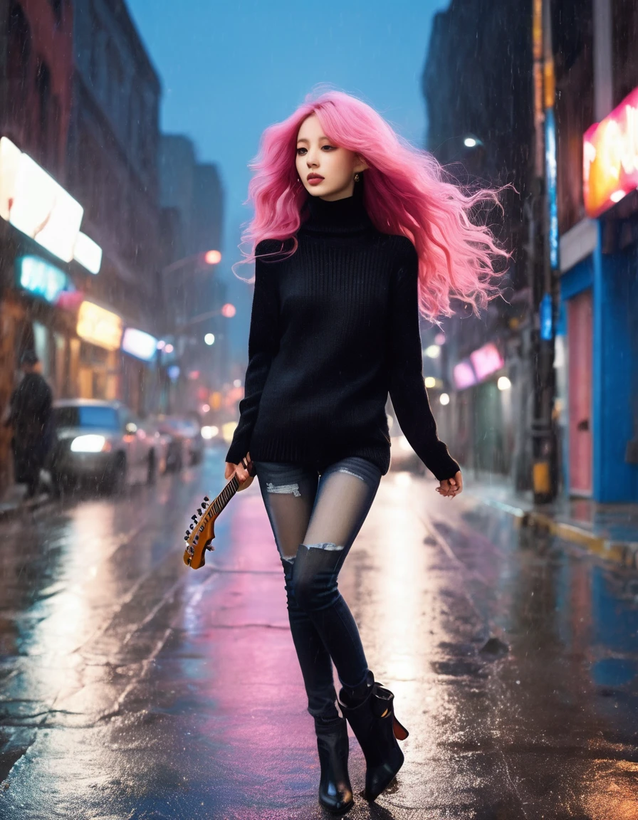 (A beautiful girl with long pink hair, plays the guitar crazily), Extra long black curly hair, High-end black turtleneck tight sweater, skinny jeans, Beautiful blue high heels, (The fragrance sandwiched between the strings: 0.65), fender fender guitar, dynamic action, background: The streets on a rainy night
