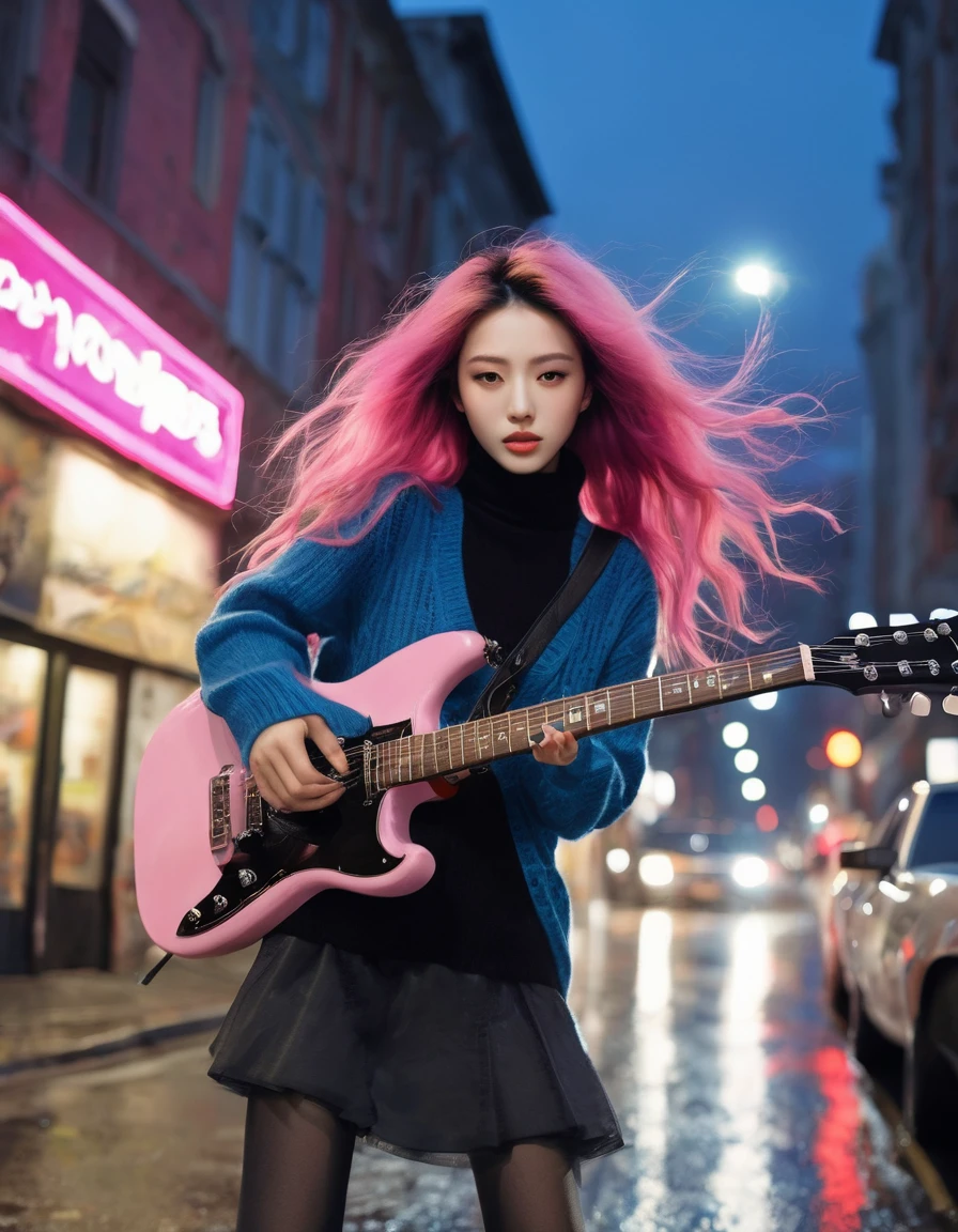 (A beautiful girl with long pink hair, plays the guitar crazily), Extra long black curly hair, High-end black turtleneck tight sweater, skinny jeans, Beautiful blue high heels, (The fragrance sandwiched between the strings: 0.65), fender fender guitar, dynamic action, background: The streets on a rainy night