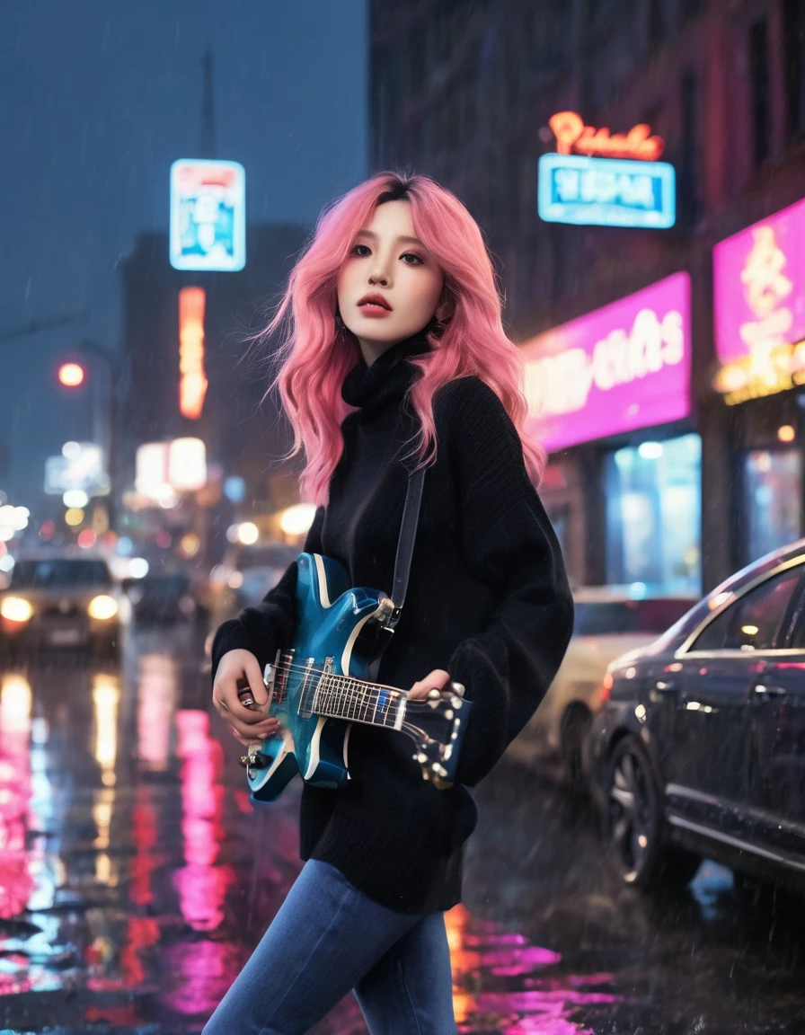 (A beautiful girl with long pink hair, plays the guitar crazily), Extra long black curly hair, High-end black turtleneck tight sweater, skinny jeans, Beautiful blue high heels, (The fragrance sandwiched between the strings: 0.65), fender fender guitar, dynamic action, background: The streets on a rainy night