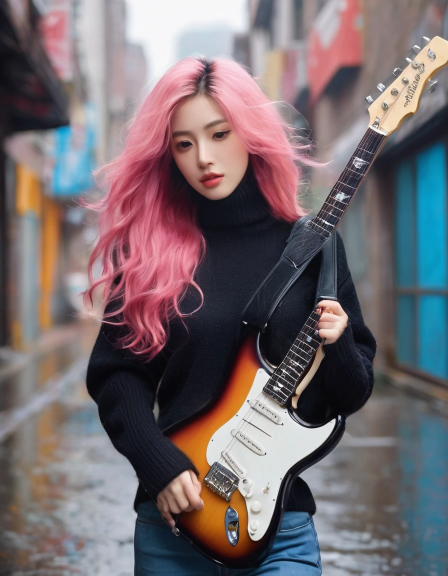 (A beautiful girl with long pink hair, plays the guitar crazily), Extra long black curly hair, High-end black turtleneck tight sweater, skinny jeans, Beautiful blue high heels, (The fragrance sandwiched between the strings: 0.65), fender fender guitar, dynamic action, background: The streets on a rainy night