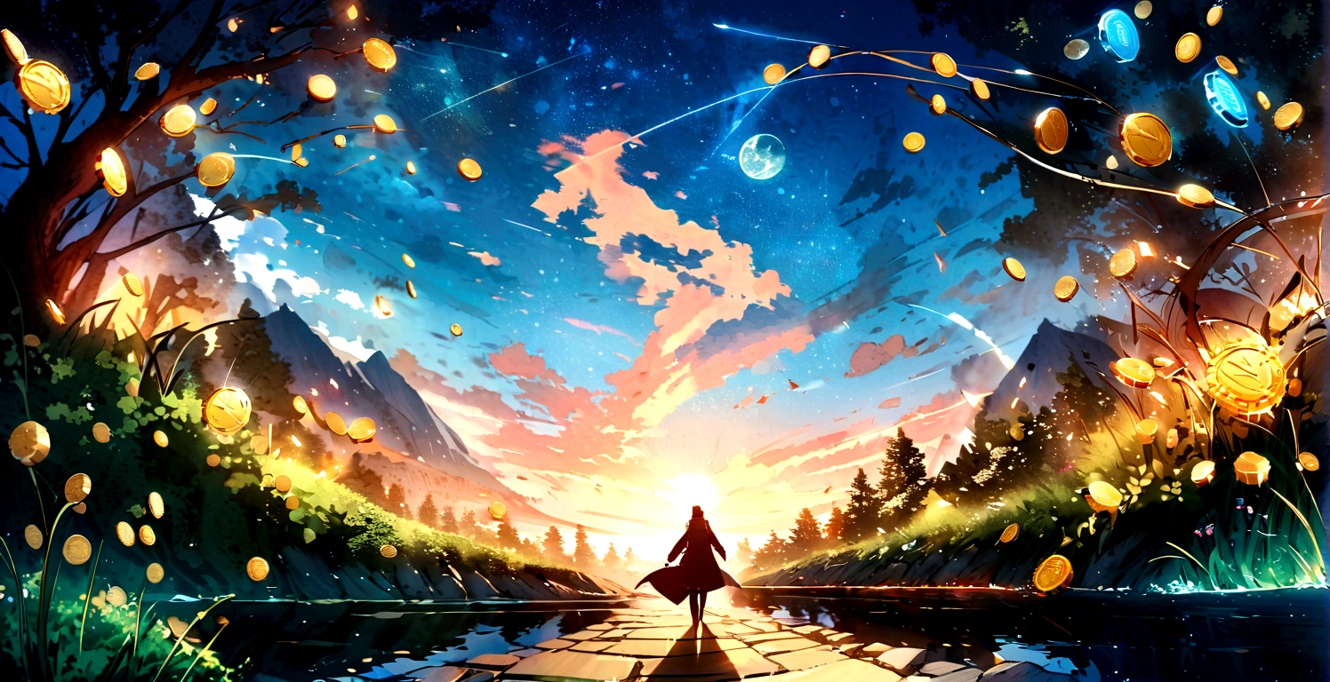 Illustrate a vast field with a backdrop of clear blue skies. Include images of various cryptocurrencies like Bitcoin, Ethereum, and other altcoins growing. Incorporate natural elements such as trees, green hills, and a sunrise casting a golden glow on the coins. Depict a winding pathway traversing the field, indicating directions to explore various opportunities. Add an image of a seeker looking forward with enthusiasm, embodying the spirit of adventure and exploration in seeking opportunities in the crypto world.