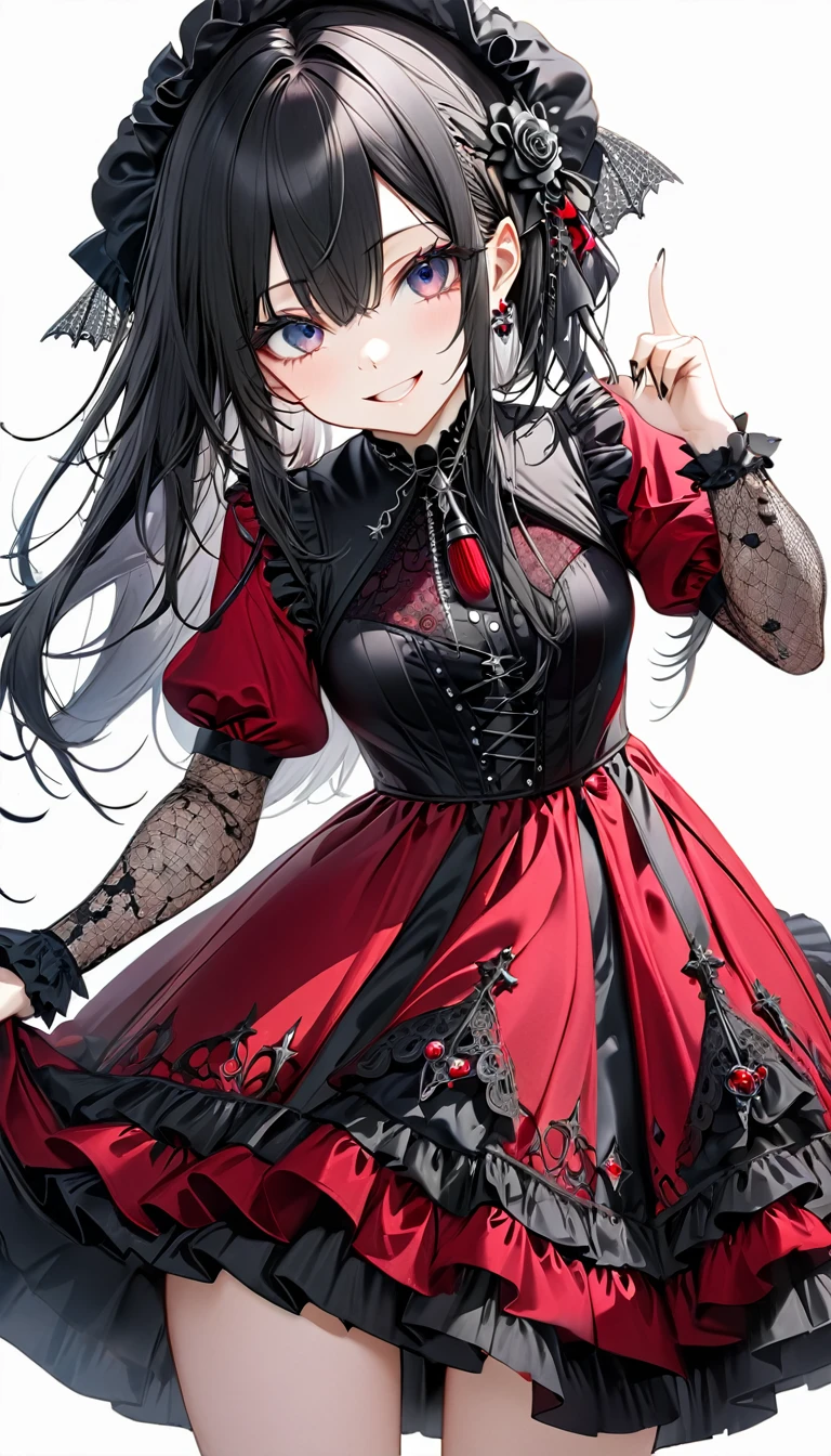 (((White background:1.2)))、(masterpiece、Ultra HD、Masterpiece、４K)、Perfect Style、Scandinavian Gothic Metal Girl, Intricate details, Highly detailed eyes, Gazing into the distance、Black long hair、Red Gothic Dress, Flash photography, Intricate details、smile、Wear long black bootini skirt、Intense movement、Uplifting、looks fun、masterpiece,high quality,One person girl,Idol singer,Gorgeous gothic outfit,Holding a microphone,sing,Rich in details,Correct finger,