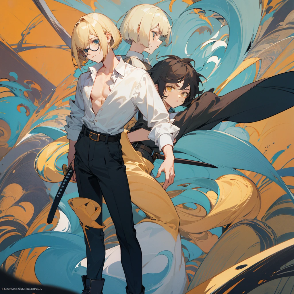 boy, blond, bob hairstyle, tired turquoise eyes, white shirt unbuttoned at the top, black trousers, yellow round glasses, belted katana, boots on my feet, stands exactly