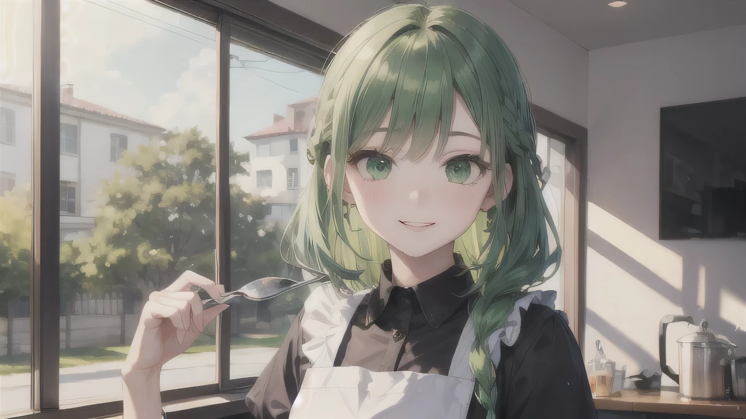 Green Hair、Braid、One Girl,20-year-old,Beautiful Face,Upper Body、Sharp focus,Apron dress、A kind smile、Green Eyes、Green clothes