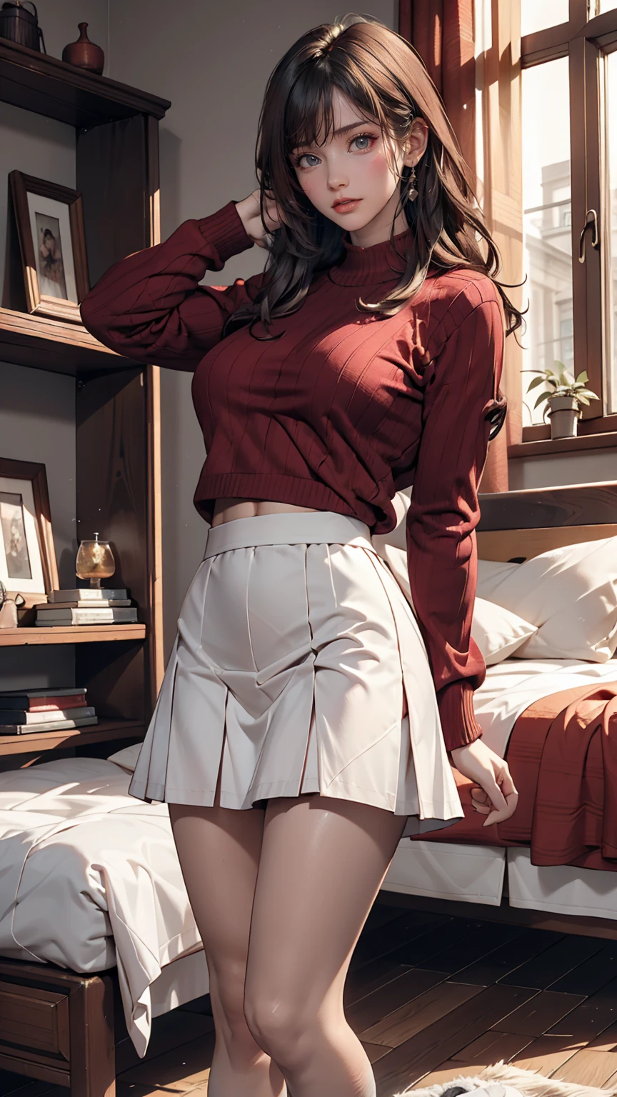 linda mulher morena, cabelos curtos, white knit sweater , brown pantyhose, sala, quarto, beautiful lips, rosto elegante ,cara bonita, Rosto de alto detalhe,pele altamente detalhada, olhando para o espectador, linda pele morena,Standing alone, belas coxas, coxas sexy