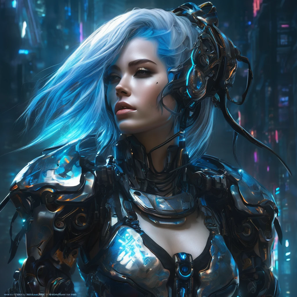 woman with blue hair and black body stands in the dark, cyberpunk art, inspired by Aleksi Briclot, winner of the cgsociety competition, Fantasy art, seductive cyberpunk, dark fantasy, Beautiful biomechanical genie, cyborg goddess in cosmos, cyborg - a girl with silver hair, cyborg girl, Lols, Beautiful cyborg priestess, dressed in ethereal armor