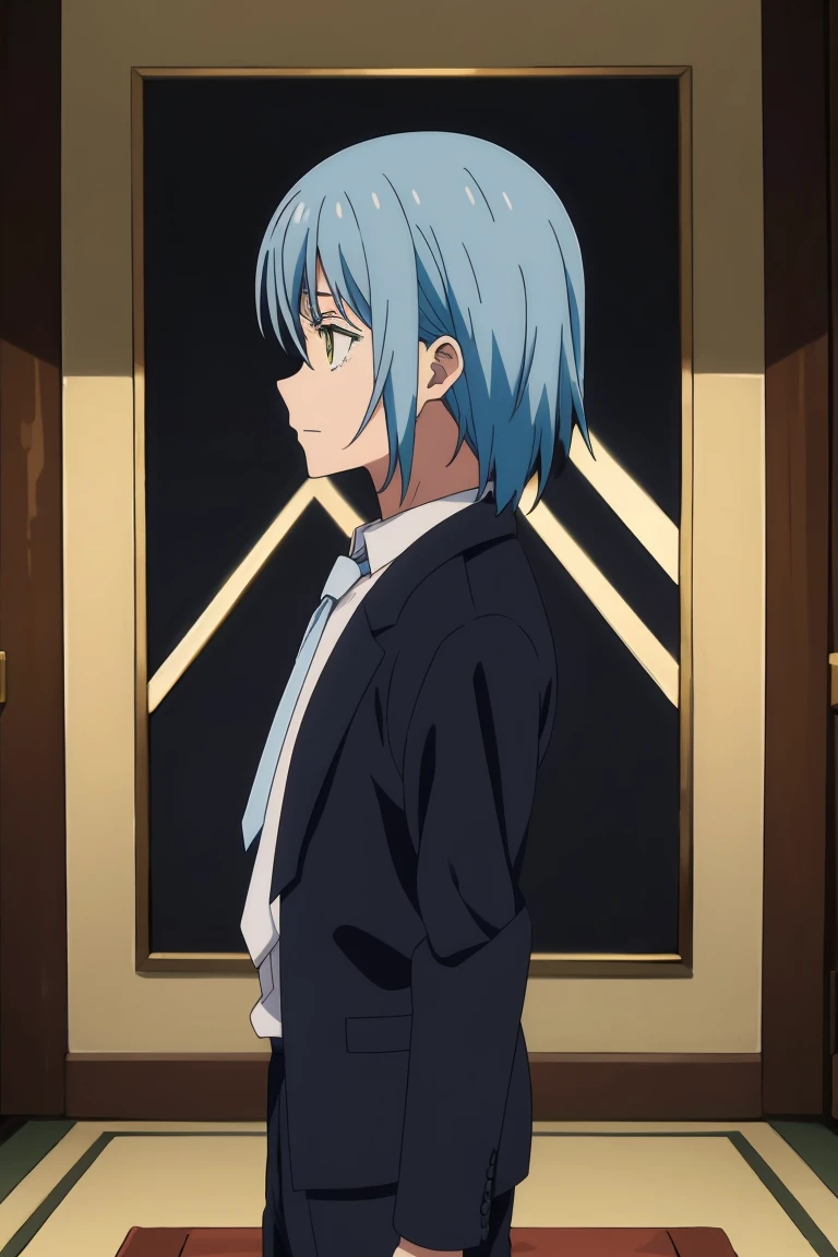 anime boy with interesting hair, wearing smart clothes, standing in front of a dark background, artwork in the style of Guweiz, profile of anime boy, portrait anime boy, beautiful anime portrait, Rimuru Tempest, blue hair, yellow eyes, male characteristics, white dress shirt, dark tie, tailored black suit, detailed, high quality, high resolution, masterpiece, best quality, full body view