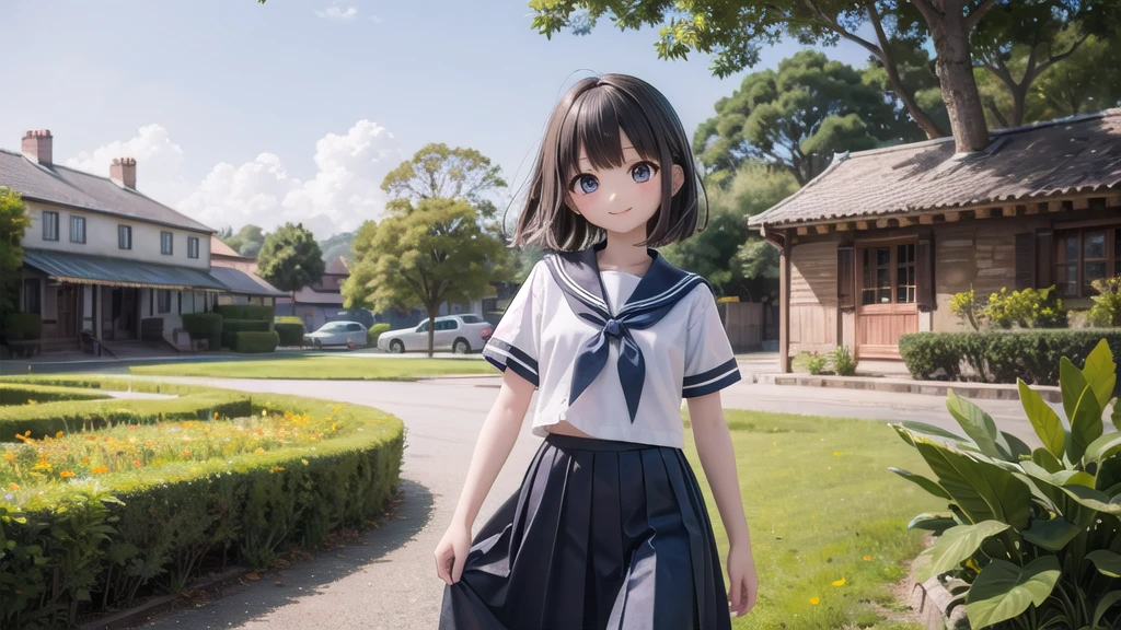 (masterpiece),  town,  blue sky,  One Girl,  smile,  alone,  Sailor suit、Long skirt,  Overgrown,  petal,  plant、Skirt lining、Translucent slip、Nostalgic