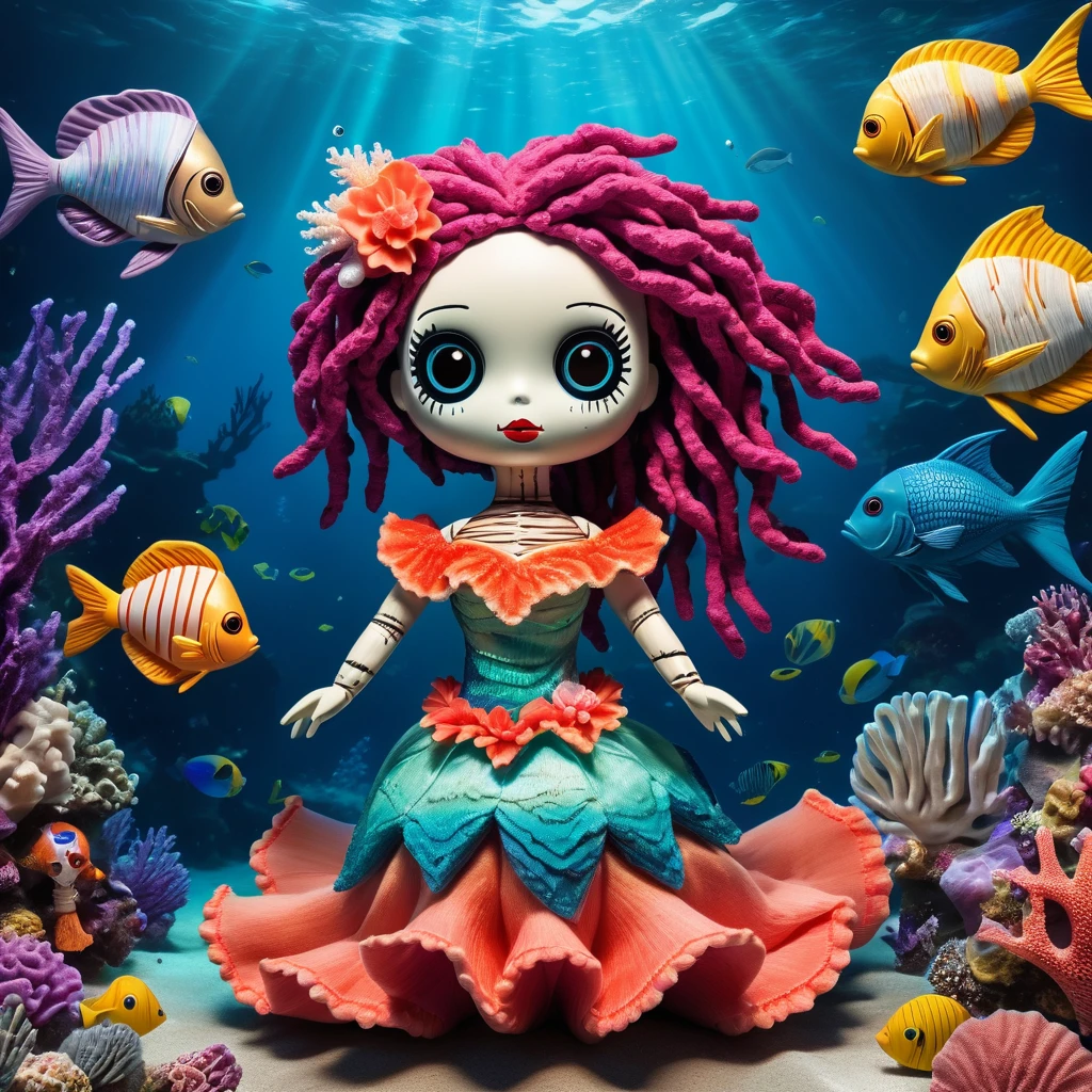 (knitted toy voodoo doll: 1.6), (Voodoo Water Magician: 1.3), (Clothing water dress with sea motifs and coral decorations: 1.0), (on the underwater palace with shimmering seaweed and coral gardens: 1.3), best quality, masterpiece, detailed soft oil painting, detailed background, dramatic cinematic lighting, soft edge lighting, professional, dramatic lighting, hard edge lighting, ultra quality, 4k, masterpiece, best quality, 8k, ultra high definition, high resolution, extremely detailed