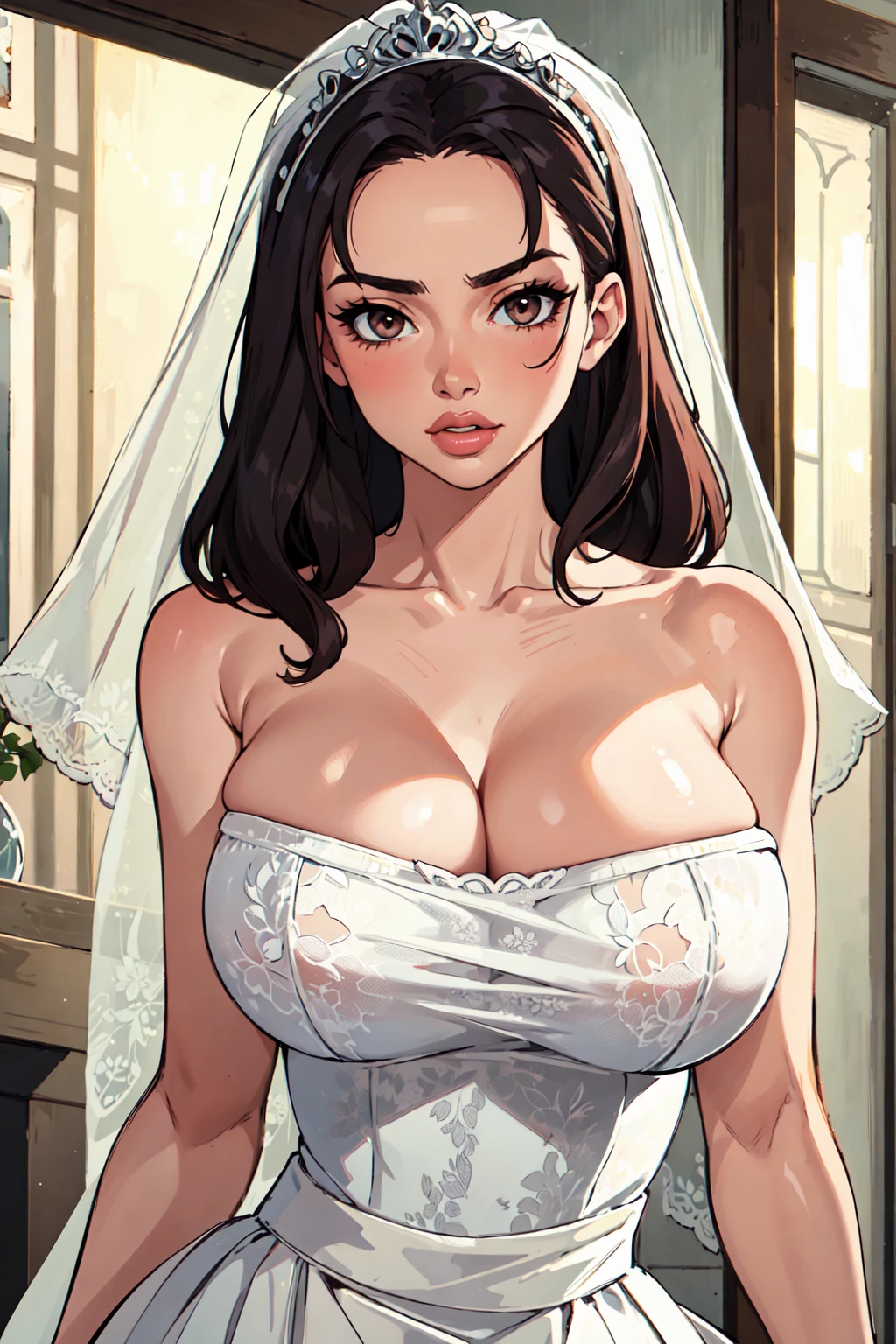 ((masterpiece)), ((best quality)), (detailed), perfect, solo, peach, gorgeous woman with wedding dress, bridal veil on the head, luscious lips, long hair, huge breast, deep cleavage, huge breasts, sexy,