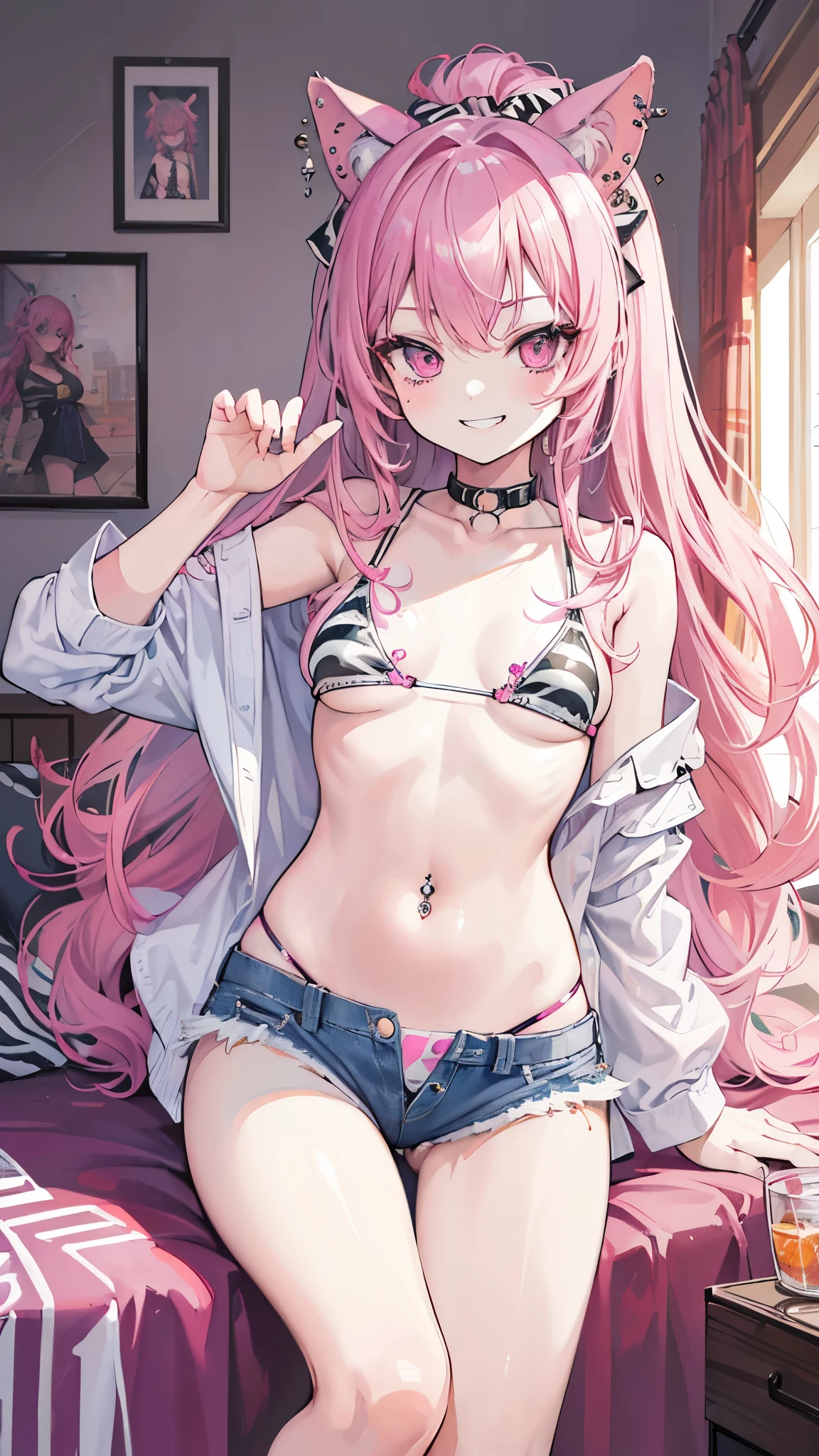 ((masterpiece、Highest quality、Very detailed))、One Girl、Pink Hair、Long Hair、Wavy Hair、Pink Eyes、evil smile、((Grin))、((lots of piercing))、Small breasts、((Zebra print bikini))、((navel piercing))、((denim short shorts))、Cowboy Shot、On the bed、Bedroom Background
