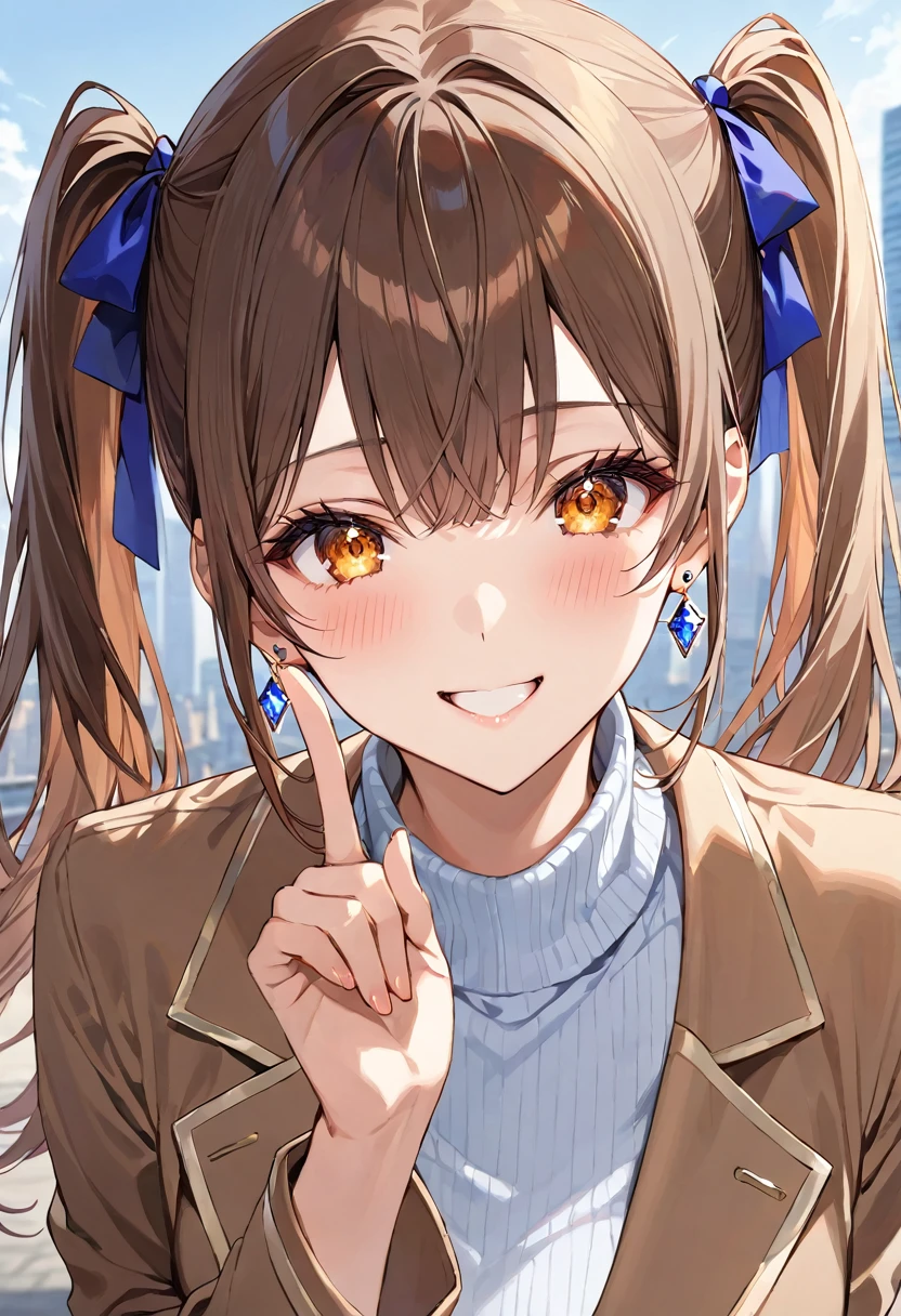 masterpiece, best quality, ultra detailed, sparkling eyes, beautiful detailed eyes, A close-up portrait of a young woman with long, brown hair styled in twin ponytails. She has large, expressive amber eyes and a cheerful, slightly mischievous smile. Her cheeks are lightly blushed. She is wearing a brown jacket over a black, high-neck sweater. Her right hand is raised near her face, with her index finger pointing upwards in a playful gesture. She is also wearing large, blue, diamond-shaped earrings. The background is an outdoor cityscape with blurred details, giving the image a lively and vibrant atmosphere. The lighting is natural, suggesting a sunny day.