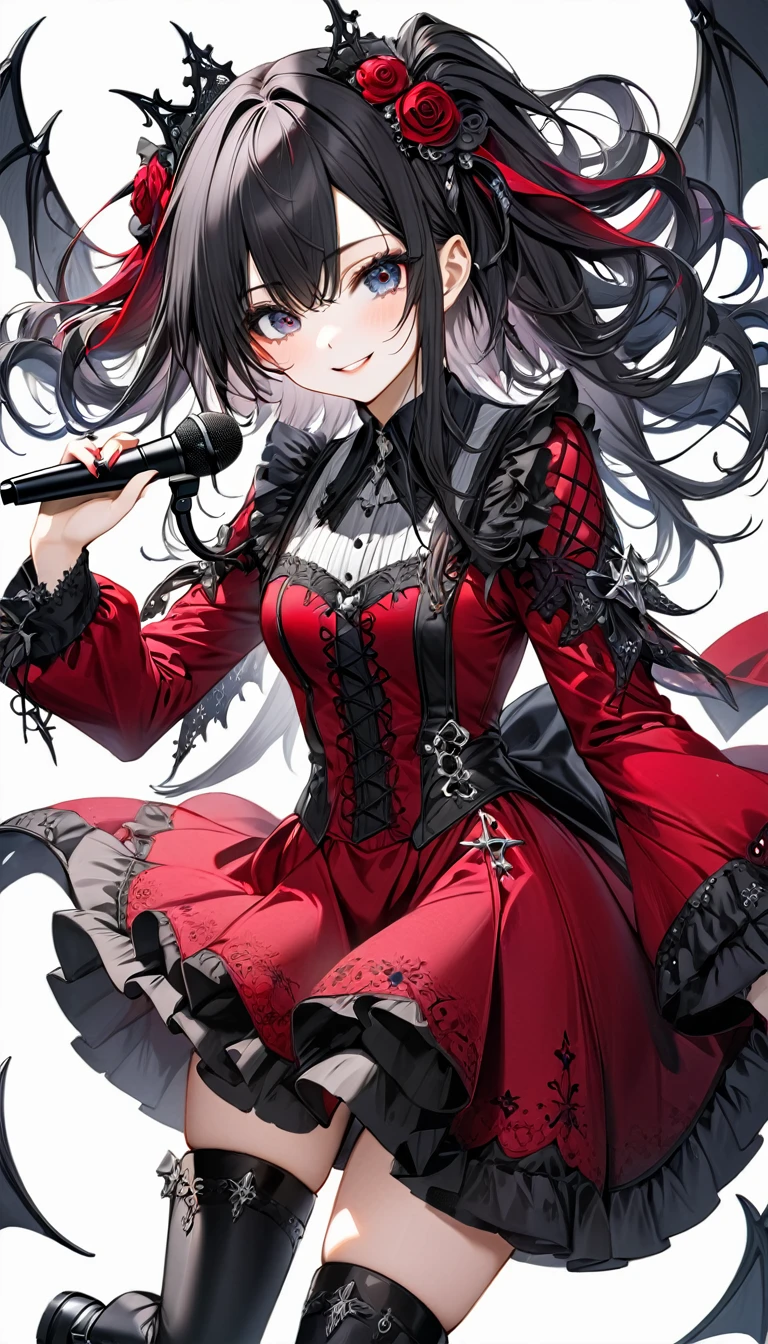 (((White background:1.2)))、(masterpiece、Ultra HD、Masterpiece、4K)、Perfect Style、Scandinavian Gothic Metal Girl, Intricate details, Highly detailed eyes, Gazing into the distance、Black long hair、Red Gothic Dress, Flash photography, Intricate details、smile、Wear long black boots、mini skirt、Intense movement、Uplifting、looks fun、masterpiece,high quality,One person girl,Idol singer,Gorgeous gothic outfit,Holding a microphone,sing,Rich in details,Correct finger,