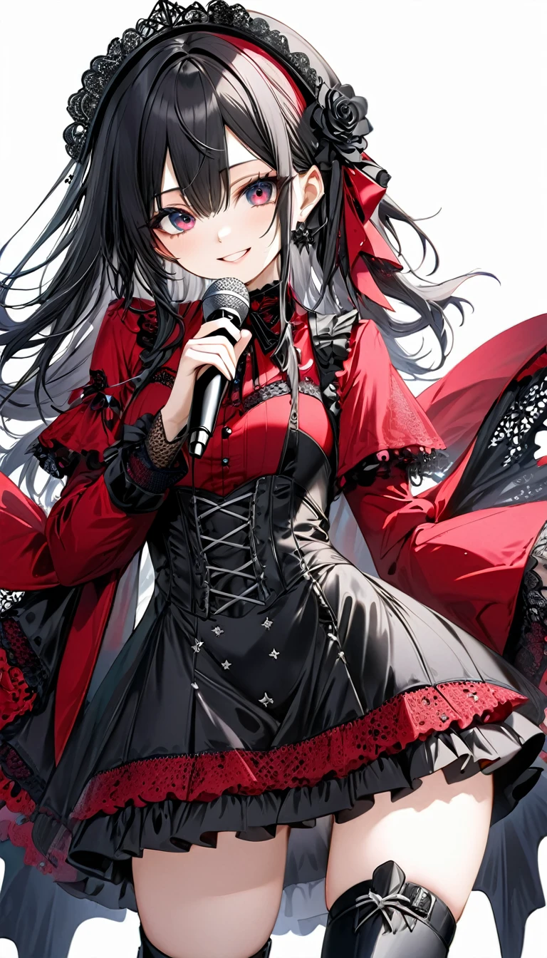 (((White background:1.2)))、(masterpiece、Ultra HD、Masterpiece、4K)、Perfect Style、Scandinavian Gothic Metal Girl, Intricate details, Highly detailed eyes, Gazing into the distance、Black long hair、Red Gothic Dress, Flash photography, Intricate details、smile、Wear long black boots、mini skirt、Intense movement、Uplifting、looks fun、masterpiece,high quality,One person girl,Idol singer,Gorgeous gothic outfit,Holding a microphone,sing,Rich in details,Correct finger,