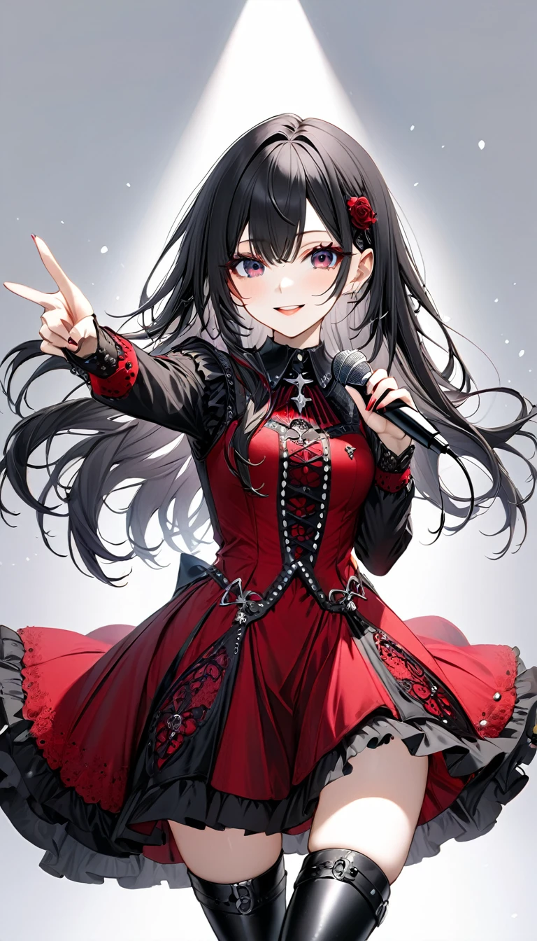 (((White background:1.2)))、(masterpiece、Ultra HD、Masterpiece、4K)、Perfect Style、Scandinavian Gothic Metal Girl, Intricate details, Highly detailed eyes, Gazing into the distance、Black long hair、Red Gothic Dress, Flash photography, Intricate details、smile、Wear long black boots、mini skirt、Intense movement、Uplifting、looks fun、masterpiece,high quality,One person girl,Idol singer,Gorgeous gothic outfit,Holding a microphone,sing,Rich in details,Correct finger,