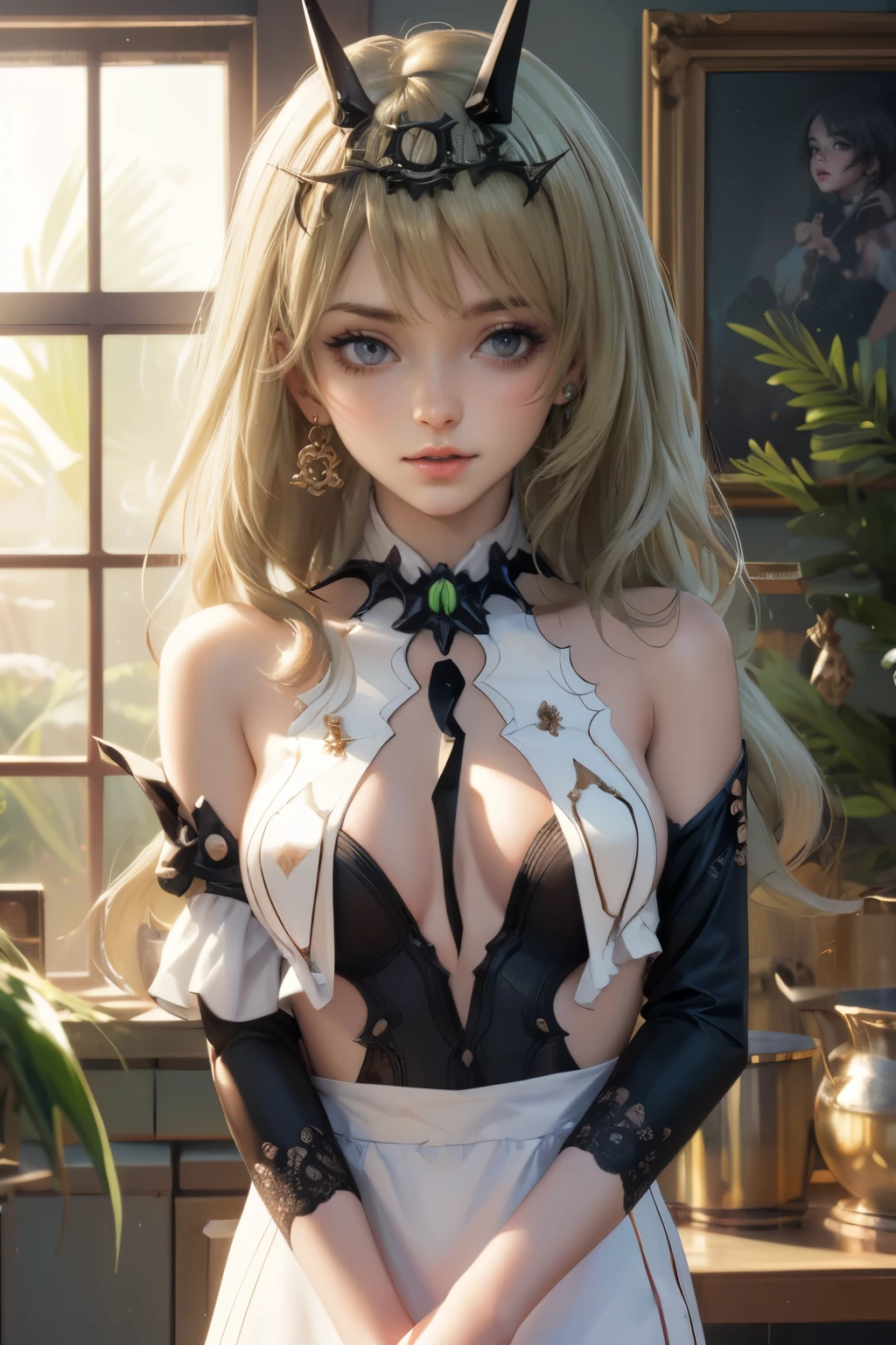 Mobius_(honkai impact 3rd), ornament hair, perfectly body, perfectly hands, stand up close to window, wave hair, green hair, long hair, green eyes, kitchen, kitchen scenery, white body, maid, maid apron, maid headdress, collarbone, more details on her clothes, holding a cake, cake with lemon, white body with gold details, white rose on her hair, ornament hair, Looking at the viewer, flowing hair, Beautiful Eyes, Plump and glossy lips, body with too many frills, white body, black laces, green gem, Lace trim, luxury gold details, gold jewelry, more details, best quality, Big sparkling eyes, blushing, lace garter, solo, centered girl, cowboy shot, perfectly body, perfectly hands, only two arms, only two legs, only two hands, five fingers, perfect anatomy, glowing hair, white roses on her hair, kitchen scenery, solo, flowing hair, floating hair, ornament hair, perfectly body, perfectly hands, on the sea, sparkles, more details on her clothes, gold details on her dress, ((4k, masterpiece, top-quality)), 8k, best quality, high resolution, UHD, (illustration:0.8), super cute girl, delicate and beautiful face, mature girl, super cute hairstyle, (beautiful detailed eyes:1.6), extremely detailed face, perfect lighting, extremely detailed CG, (perfect hands, perfect anatomy), Best quality