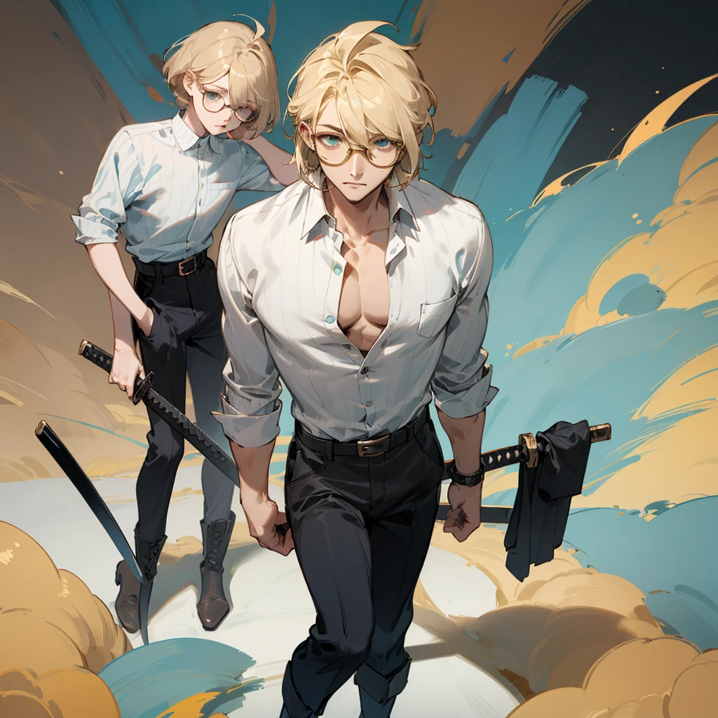 boy, blond, bob hairstyle, tired turquoise eyes, white shirt unbuttoned at the top, black trousers, yellow round glasses, belted katana, boots on my feet, worth one