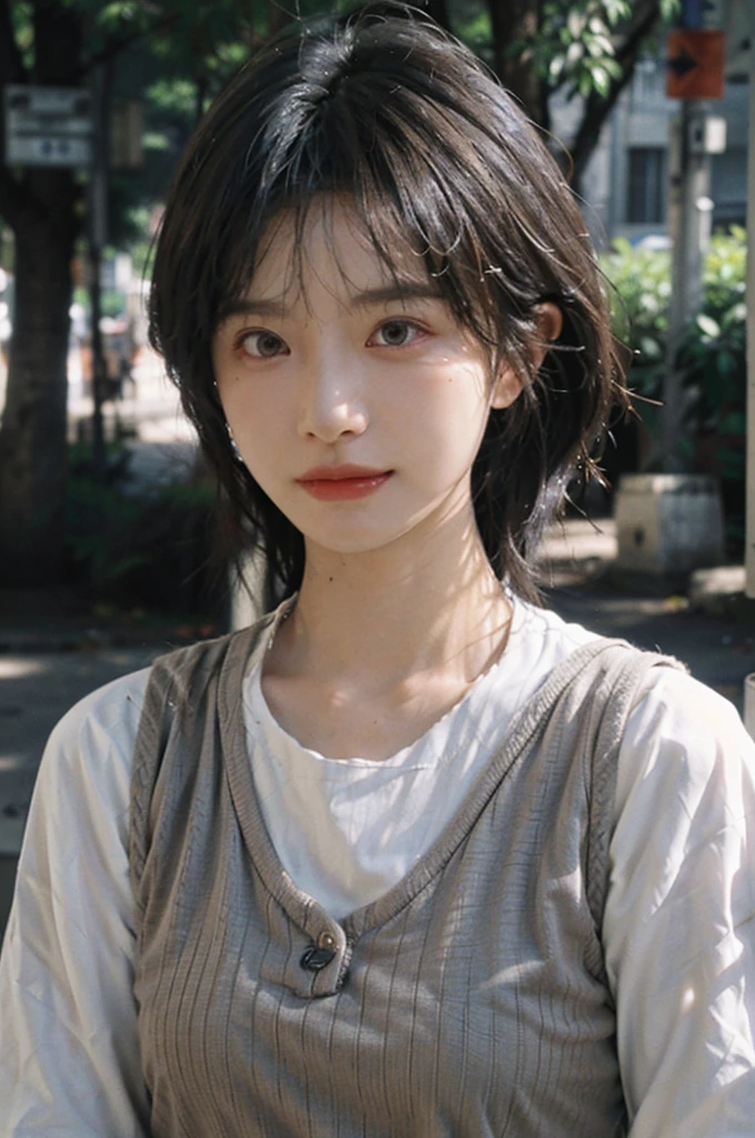 (Skin details:1.4), (smooth skin textures:1.3), Lipstick, background, Direct vision, earrings, serene, calm, (Realistic and detailed eyes：1.2）, Natural skin texture, Realistic facial details, Soft dramatic lighting, Vivid details, 35 mm film, outdoor, (Photo Practical:1.4), (hyper Practical:1.4), (Practical:1.3), (Smoother lighting:1.05), (Improve lighting quality:0.9), (Highest quality real skin textures:1.4), Exquisite eyes, Delicate face, Close-up of face, (Enhance the beauty of skin texture:1.1), Hair details,  Vest，normal body ratio, short hair, Moles under the eyes, thinking, A faint smile,公园background，Portrait Photography, Depth of Field, Bokeh, Surrealism, Ray Tracing, (Portrait Photography:1.1), Surrealism, High Detail, Chiaroscuro, Ray Tracing, reflected light, Ultra HD, Ultra HD, masterpiece, Textured Skin, Super Detail, High Detail, high quality, best quality