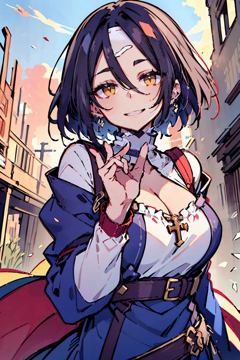 (masterpiece:1.2), (high quality:1.2), (hui xiyi:0.65), rekkyo sensen, rekkyou sensen, girls with((black hair, (tits cleavage:1.15), (waving is hands:1.2), (breasts close up:1.15), (suspenders:1.2), (dress:1.65), (blue clothes:1.05), (belts:0.7), (frills shirt:1.2), (white knit sweater:1.2), (frills camisole:1.2), exposed breasts, straps, (cross:1.05), (long wavy hair:1.2), (one side up:1.2), nun, long sleeves, (perfect hands:1.05), (five fingers:1.05))), background with((fantasy world, ruin, castle, beautiful sky, shining sky, sunshine))