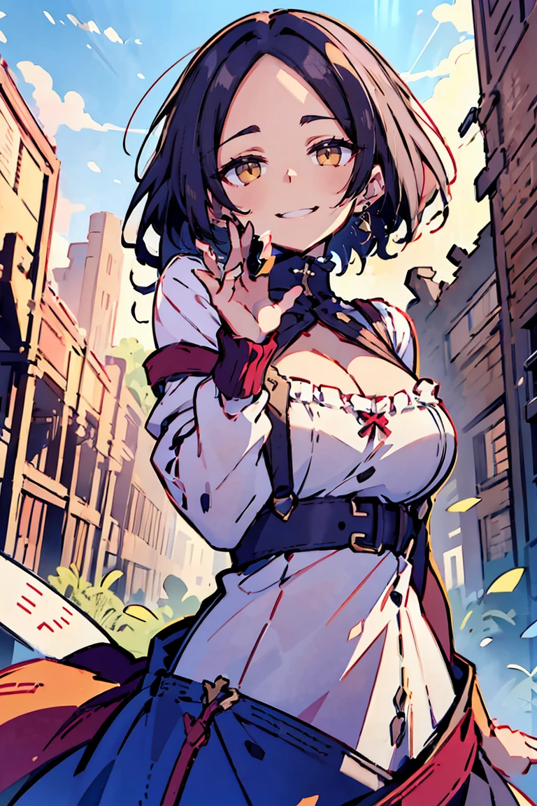 (masterpiece:1.2), (high quality:1.2), (hui xiyi:0.65), rekkyo sensen, rekkyou sensen, girls with((black hair, (tits cleavage:1.15), (waving is hands:1.2), (breasts close up:1.15), (suspenders:1.2), (dress:1.65), bangs, (blue clothes:1.05), (belts:0.7), (frills shirt:1.2), (white knit sweater:1.2), (frills camisole:1.2), exposed breasts, straps, (cross:1.05), (long wavy hair:1.2), (one side up:1.2), nun, long sleeves, (perfect hands:1.05), (five fingers:1.05))), background with((fantasy world, ruin, castle, beautiful sky, shining sky, sunshine))