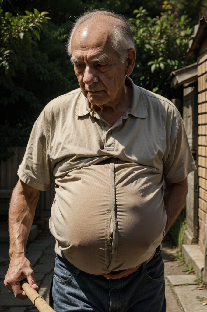 draw a picture of an old man carrying his sick grandson while carrying a cane and a stick, Full HD realistic images